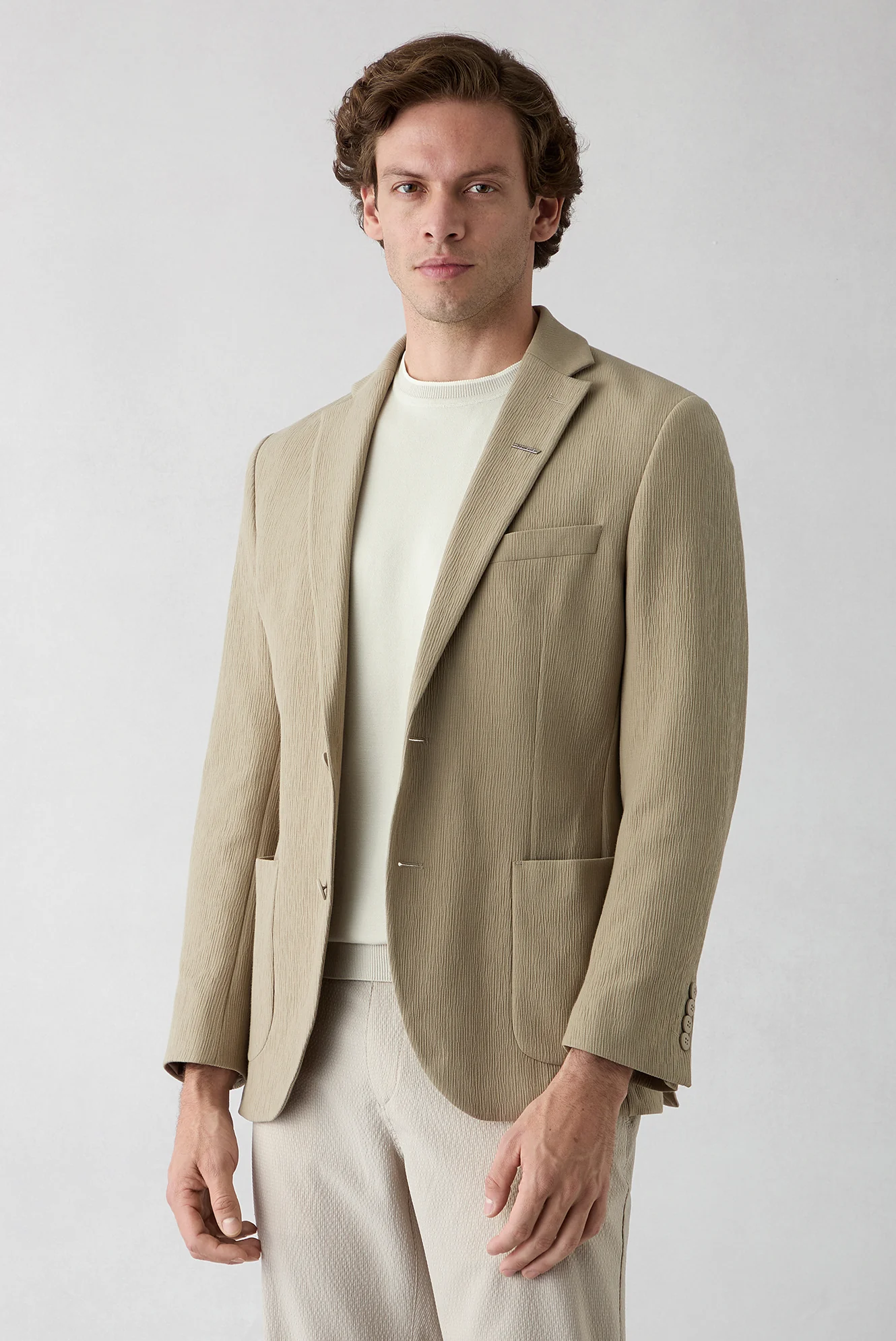 Orta Vizon Techno-Line 7 Drop Slim Fit Dar Kesim Mono Yaka Keten Karışımlı Çizgili Çantalı Esnek Ceket - Image 2