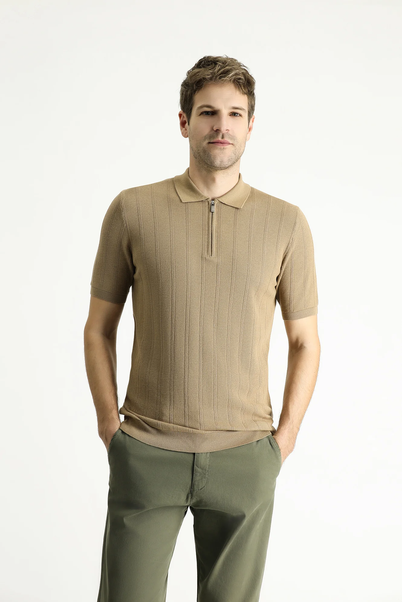 Orta Vizon Polo Yaka Regular Fit Fermuarlı Desenli Pamuklu Tişört