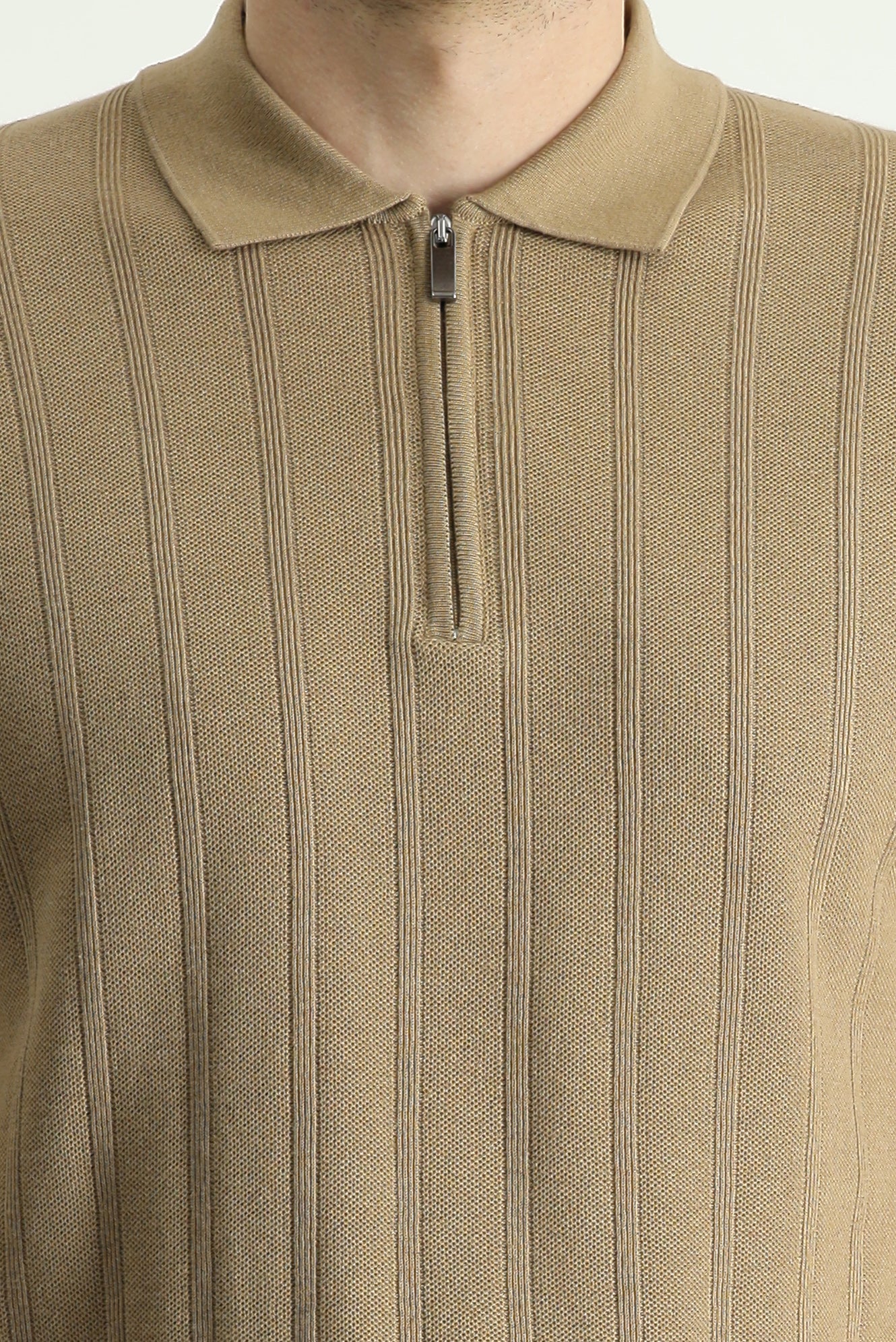Orta Vizon Polo Yaka Regular Fit Fermuarlı Desenli Pamuklu Tişört - Image 4