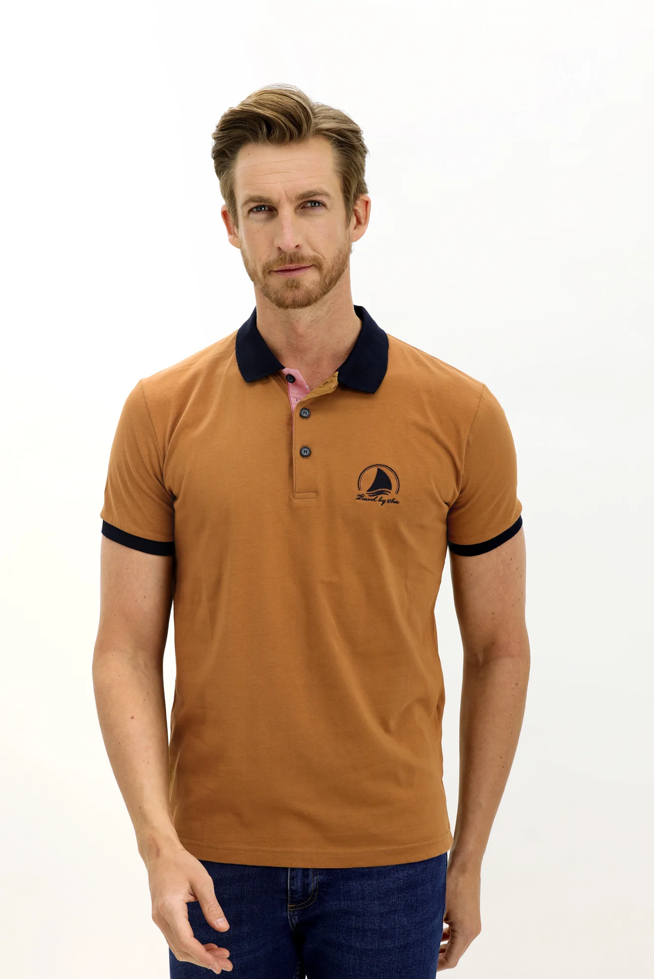 Orta Vizon Polo Yaka Slim Fit Dar Kesim Desenli Pamuk Tişört - Image 2