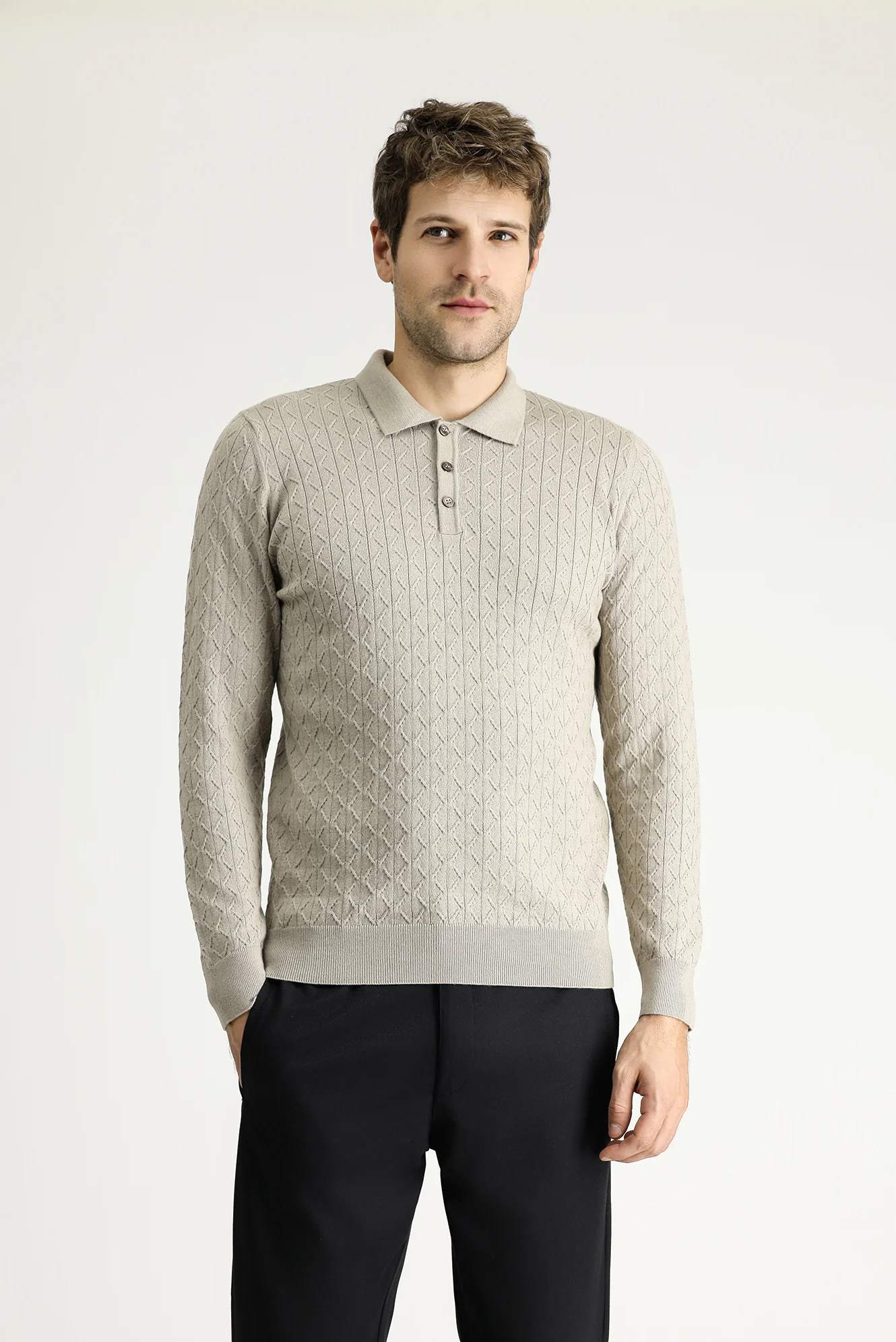 Orta Vizon Polo Yaka Slim Fit Dar Kesim Desenli Yünlü Pamuklu Triko Kazak - Image 3