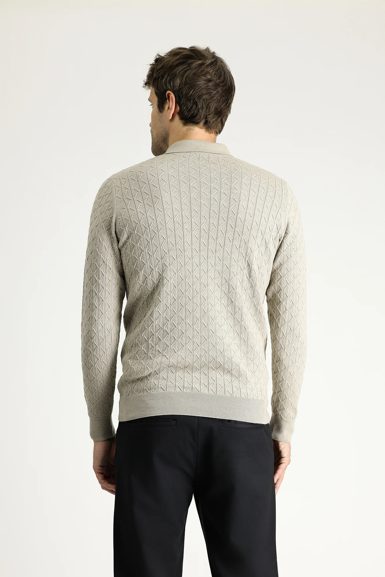Orta Vizon Polo Yaka Slim Fit Dar Kesim Desenli Yünlü Pamuklu Triko Kazak - Image 4