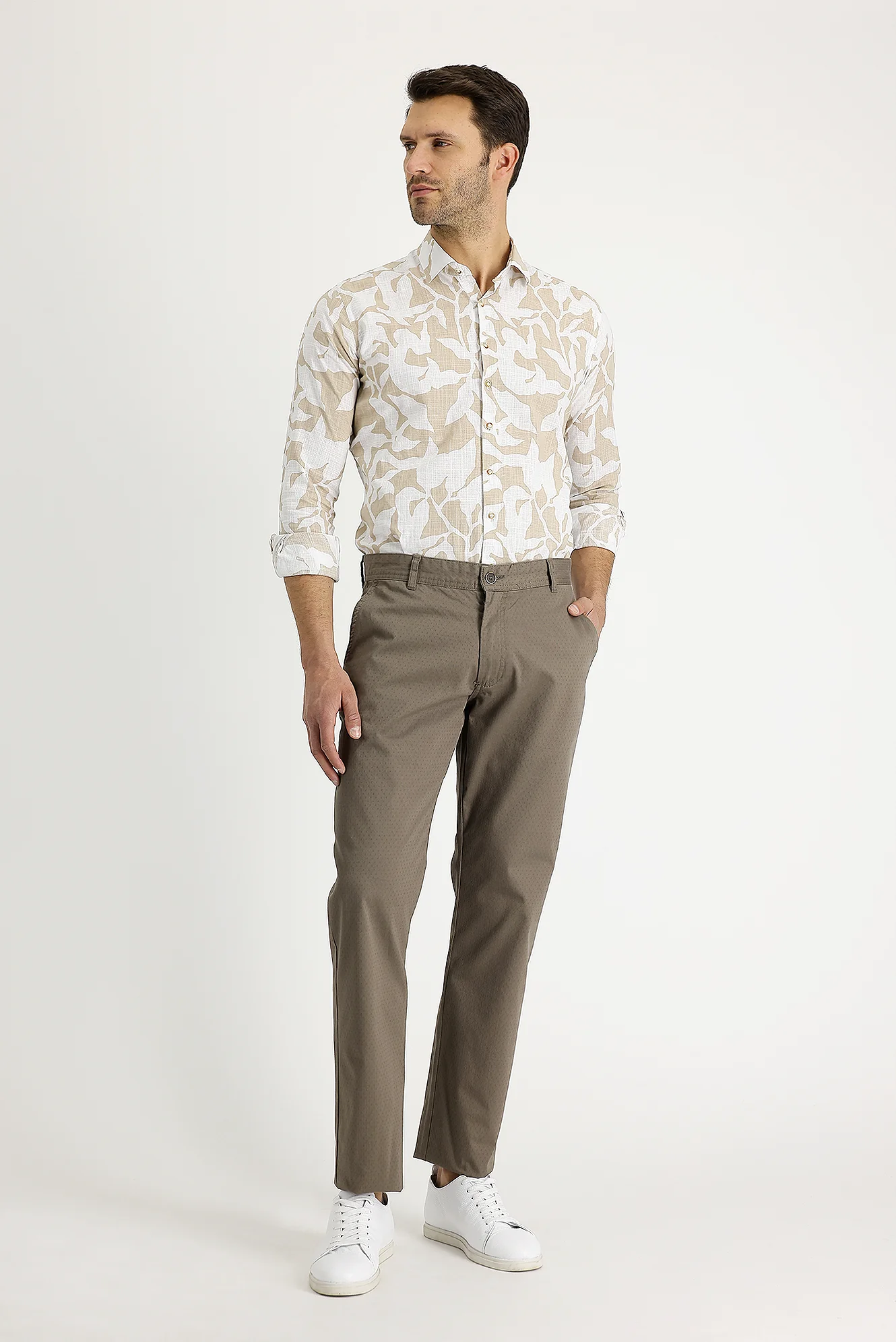 Orta Vizon Regular Fit Standart Kesim Desenli Likralı Kanvas / Chino Pantolon