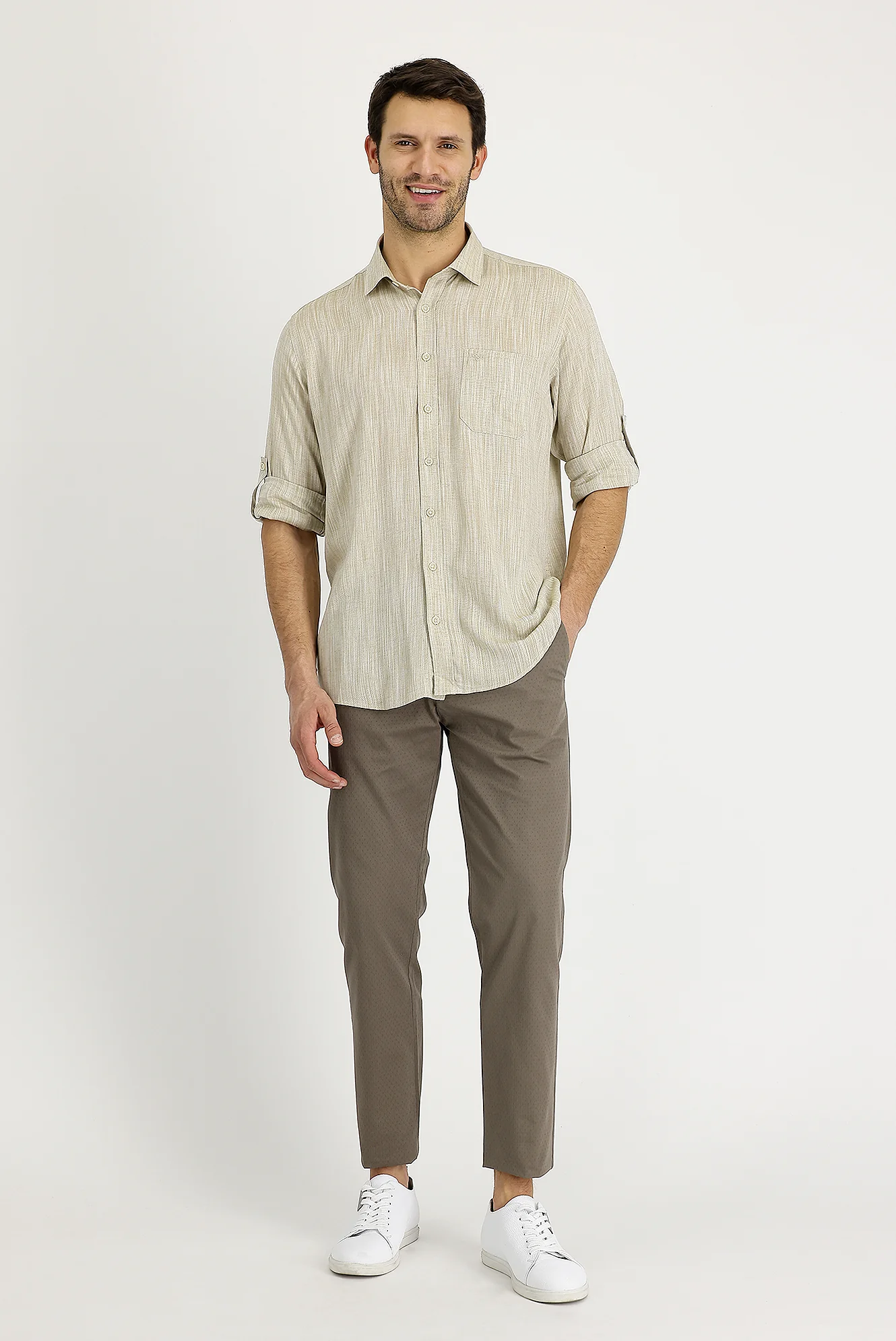 Orta Vizon Regular Fit Standart Kesim Desenli Likralı Kanvas / Chino Pantolon