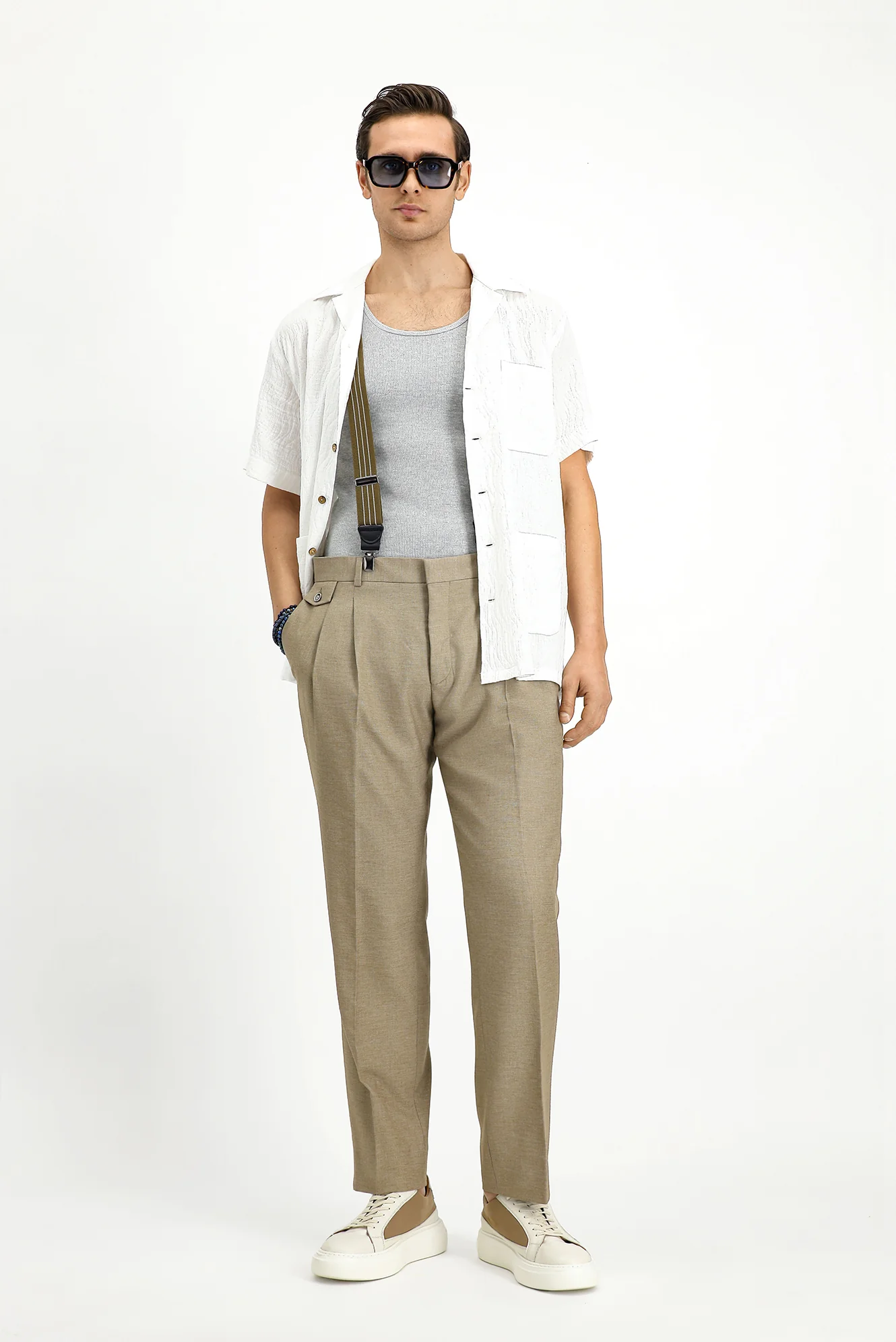 Orta Vizon 6 Drop Regular Fit Standart Kesim Keten Karışımlı Pileli Klasik Kumaş Pantolon - Image 2