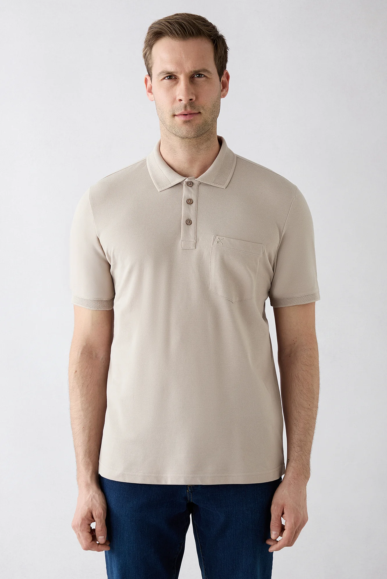 Orta Vizon Kıvrılmaz Polo Yaka Regular Fit Cepli Ribana Detaylı Pamuk Tişört - Image 2