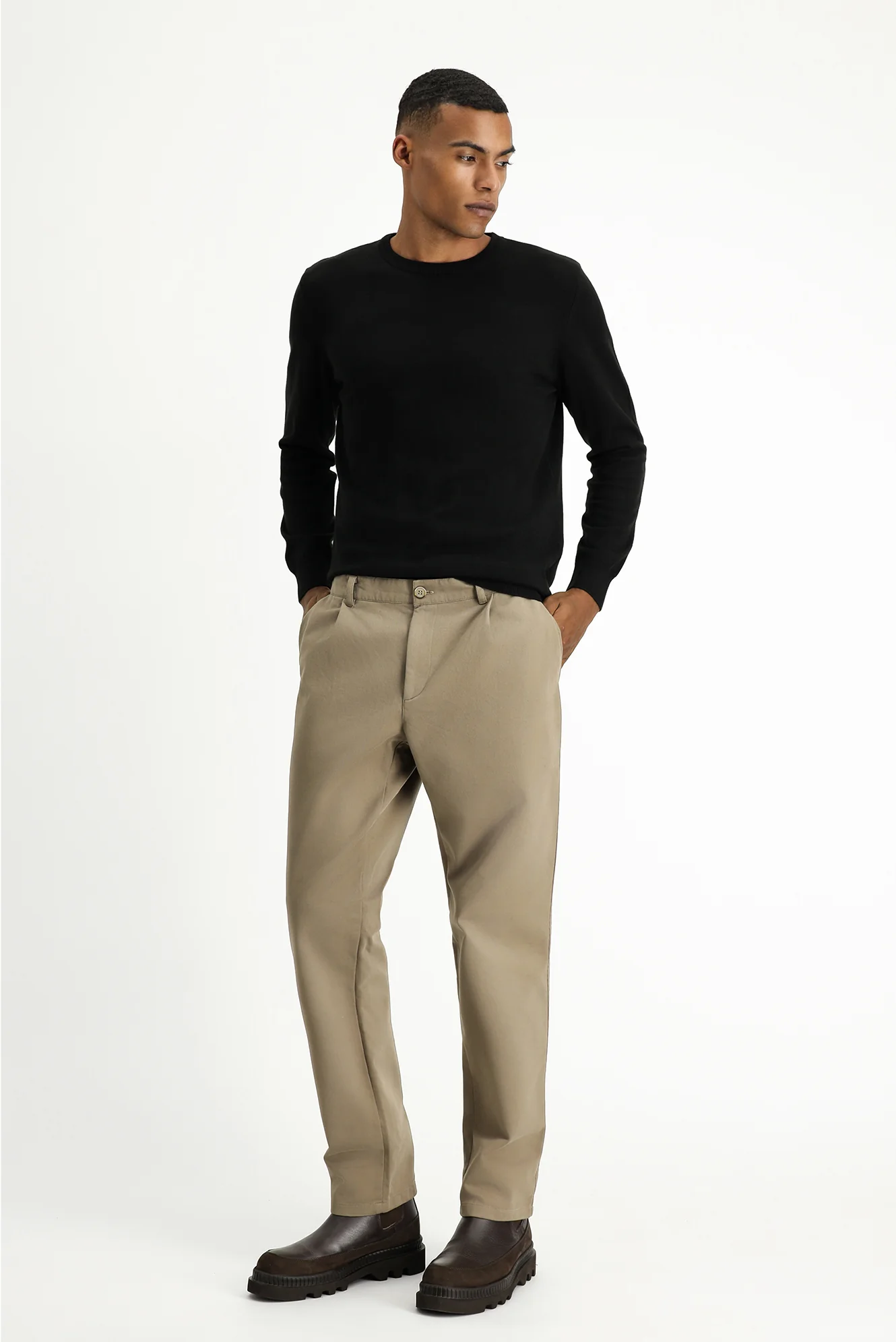 Orta Vizon Relaxed Fit Rahat Kesim Likralı Pileli Kanvas / Chino Pantolon - Image 2