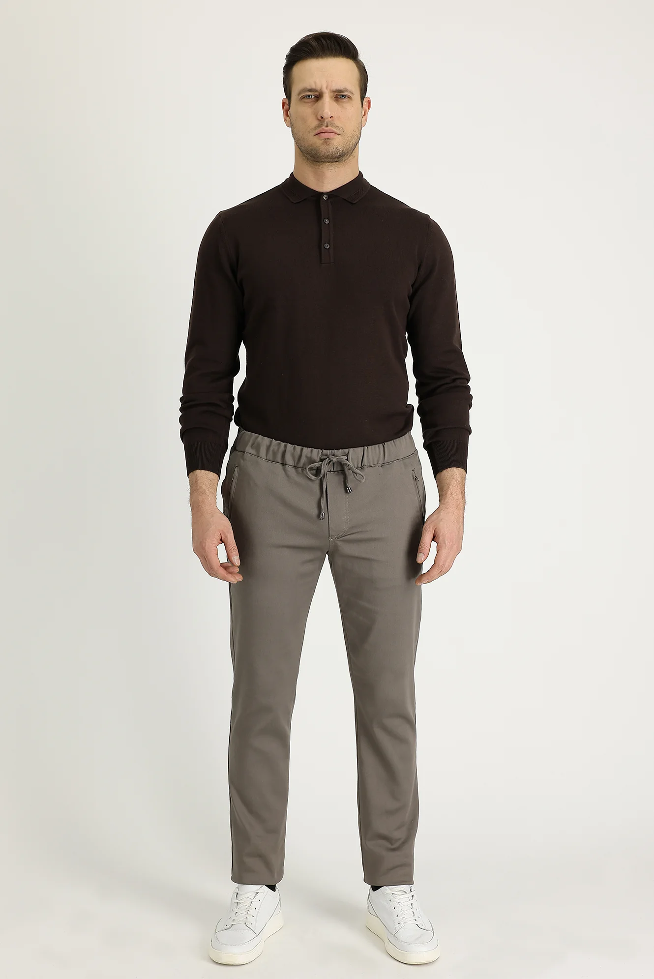 Orta Vizon Slim Fit Dar Kesim Beli Lastikli İpli Likralı Kanvas / Chino Pantolon - Image 2