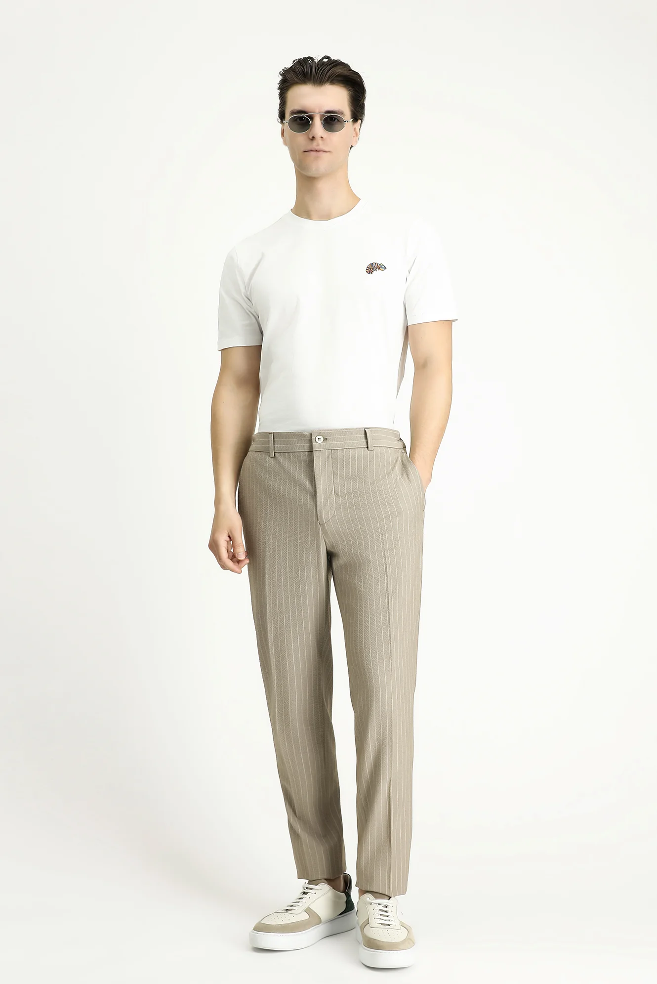 Orta Vizon 7 Drop Slim Fit Dar Kesim Beli Lastikli Likralı Çizgili Klasik Kumaş Pantolon