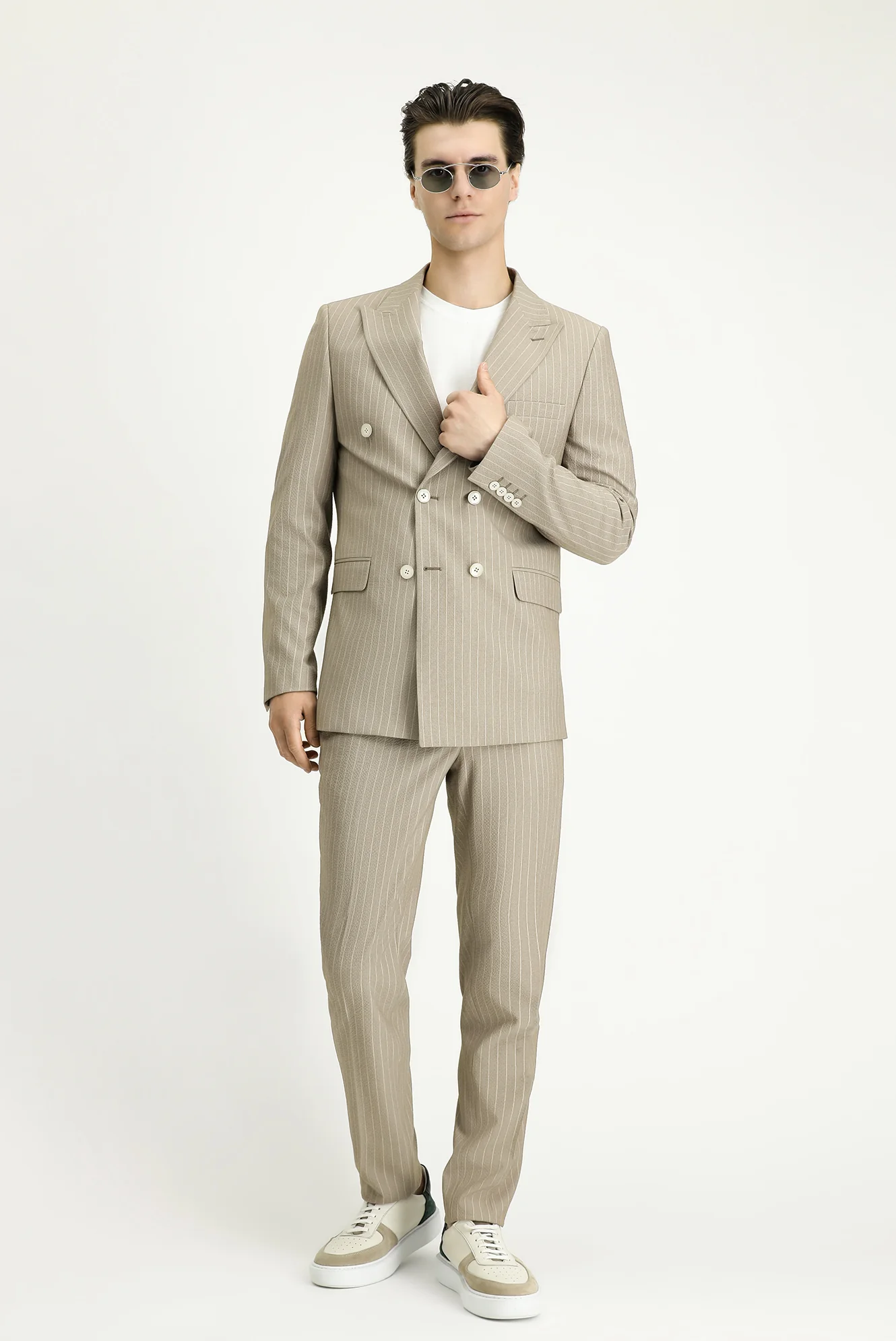 Orta Vizon 7 Drop Slim Fit Dar Kesim Beli Lastikli Likralı Çizgili Klasik Kumaş Pantolon - Image 2