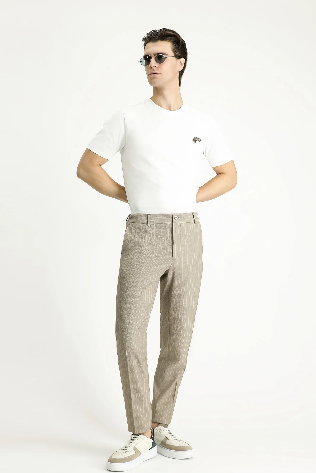 Orta Vizon 7 Drop Slim Fit Dar Kesim Beli Lastikli Likralı Çizgili Klasik Kumaş Pantolon - Image 3