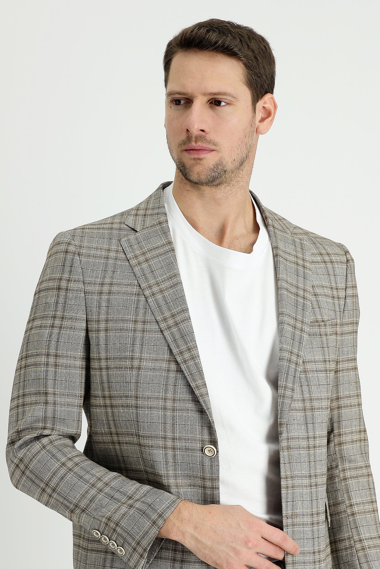 Orta Vizon 7 Drop Slim Fit Dar Kesim Ekose Keten Karışımlı Ceket