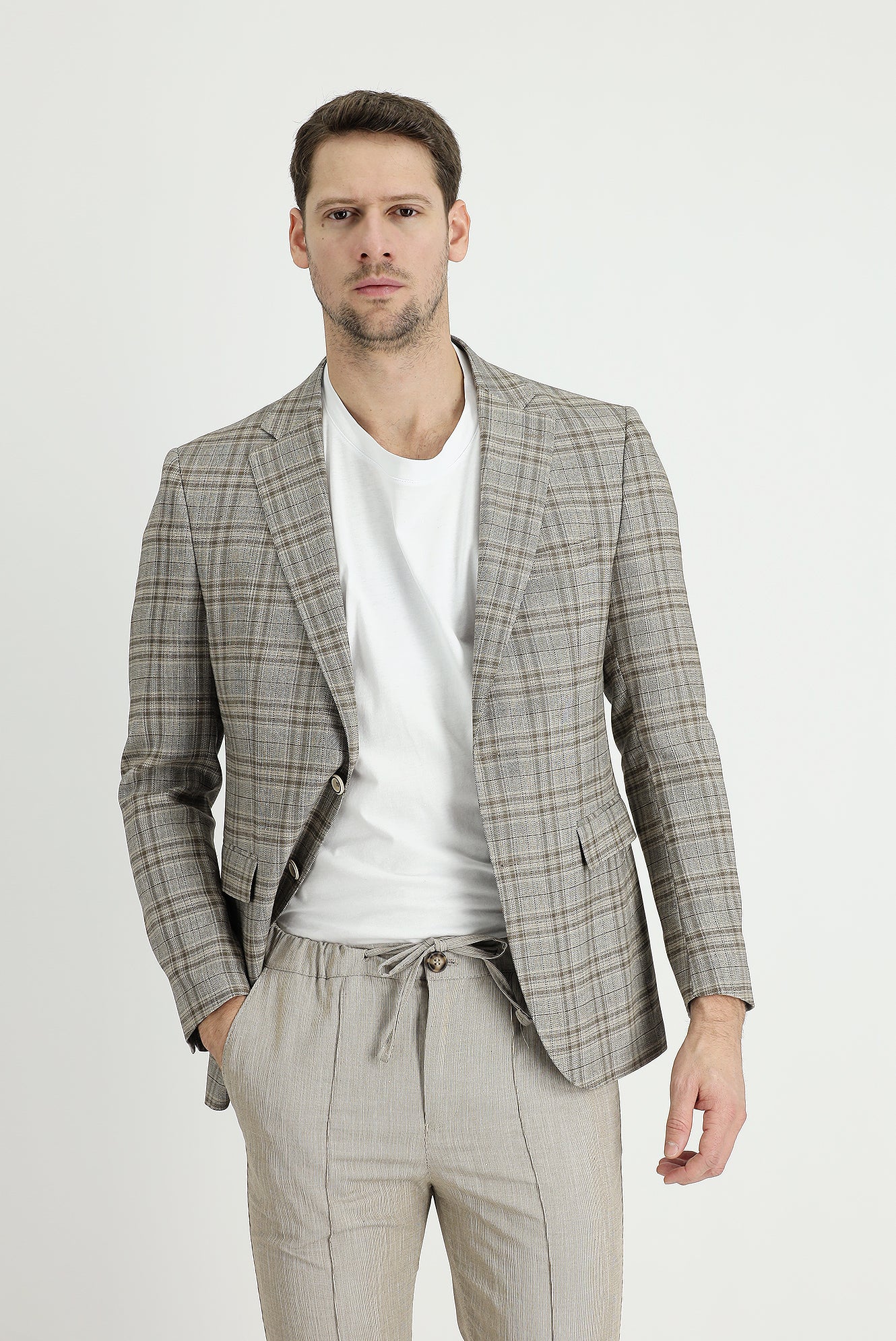 Orta Vizon 7 Drop Slim Fit Dar Kesim Ekose Keten Karışımlı Ceket - Image 2