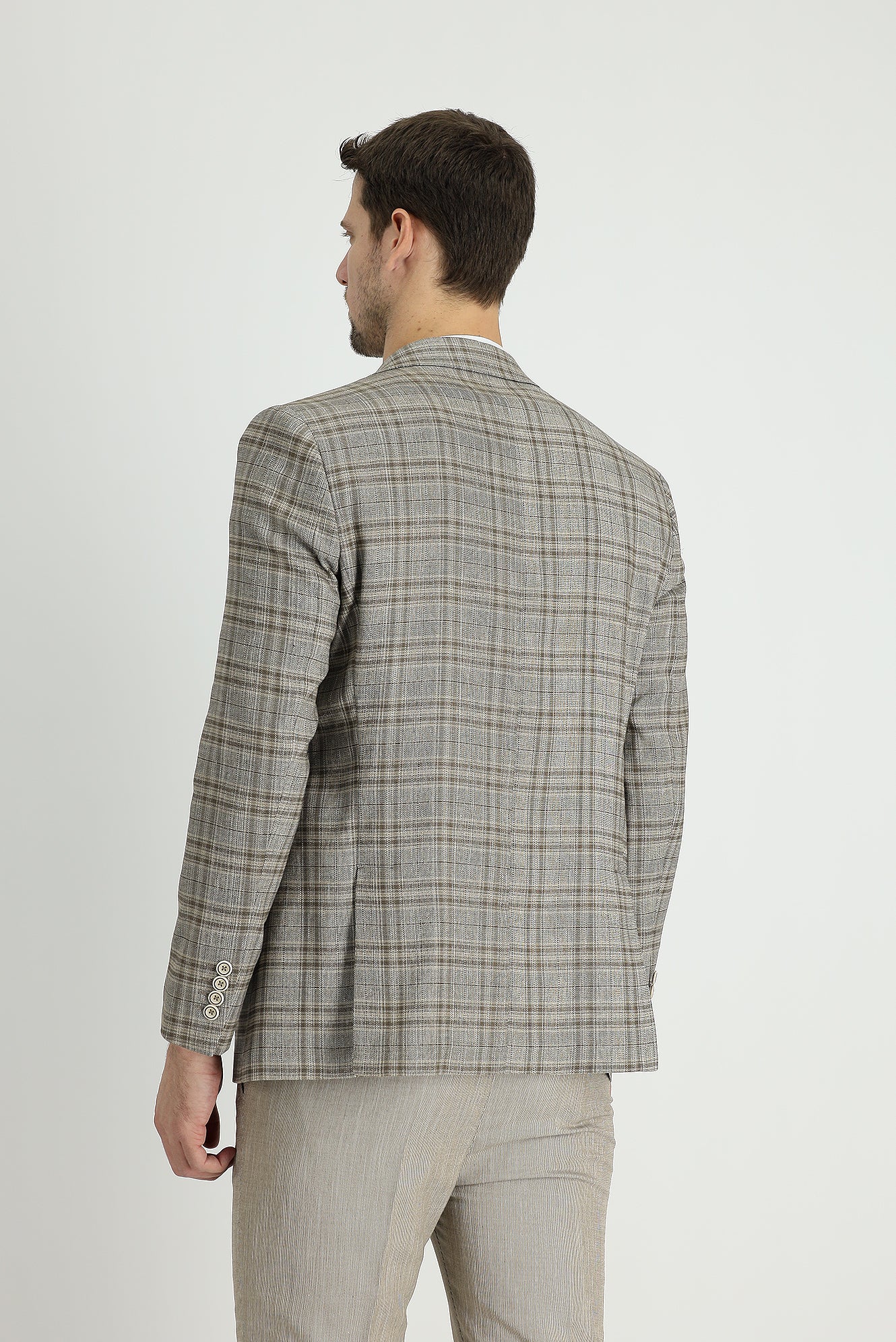 Orta Vizon 7 Drop Slim Fit Dar Kesim Ekose Keten Karışımlı Ceket - Image 3