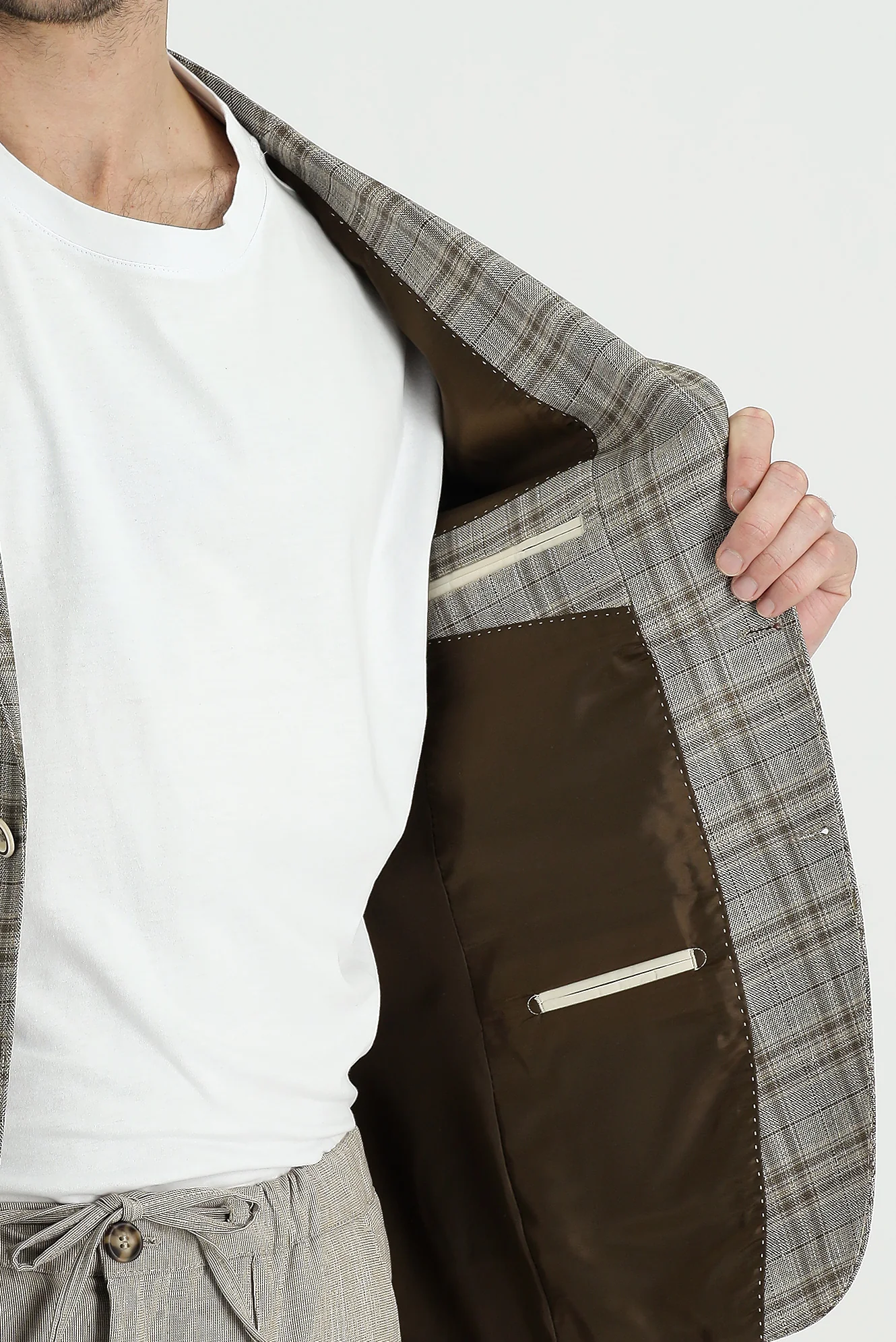 Orta Vizon 7 Drop Slim Fit Dar Kesim Ekose Keten Karışımlı Ceket - Image 4