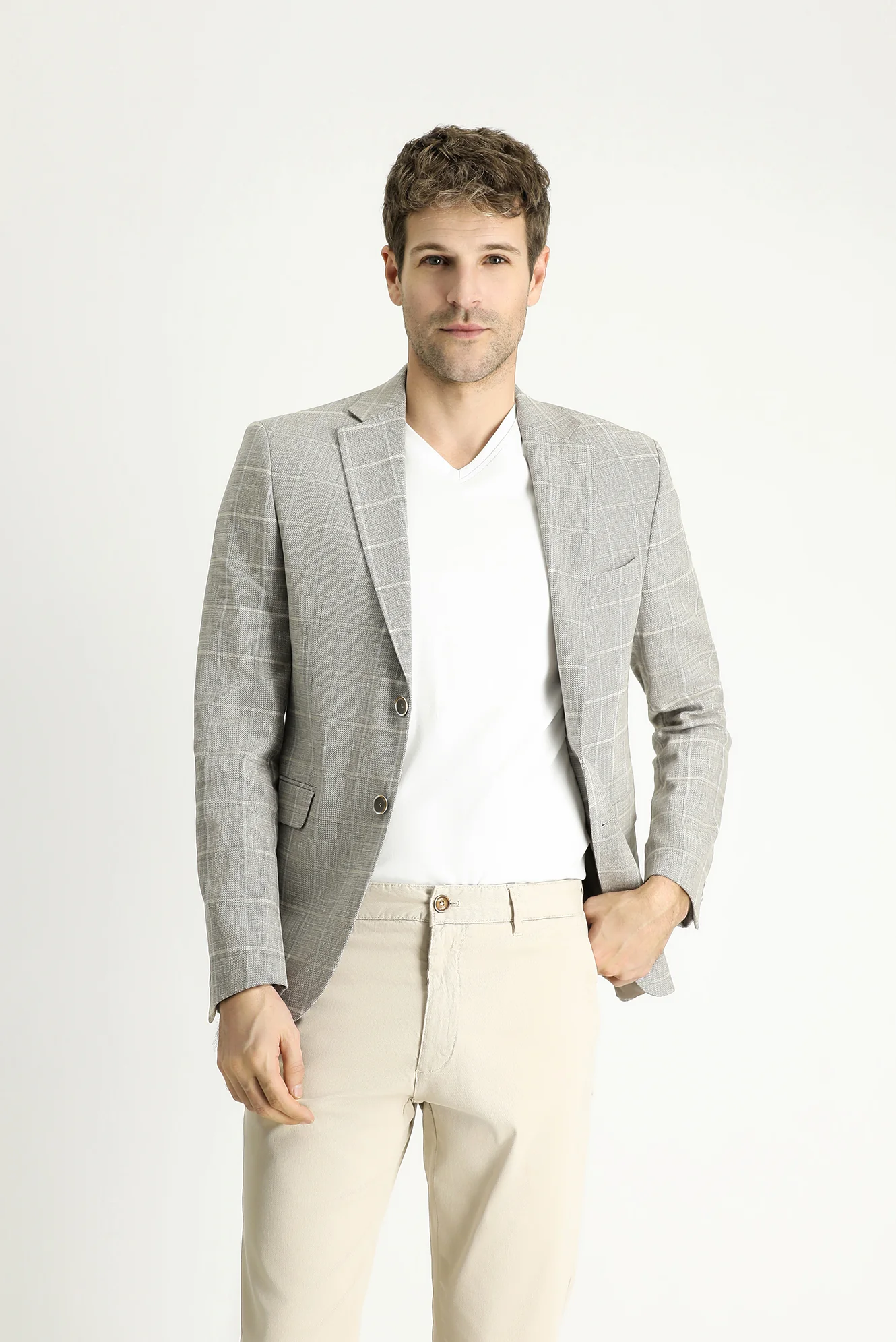 Orta Vizon 7 Drop Slim Fit Dar Kesim Ekose Pamuklu Keten Karışımlı Ceket