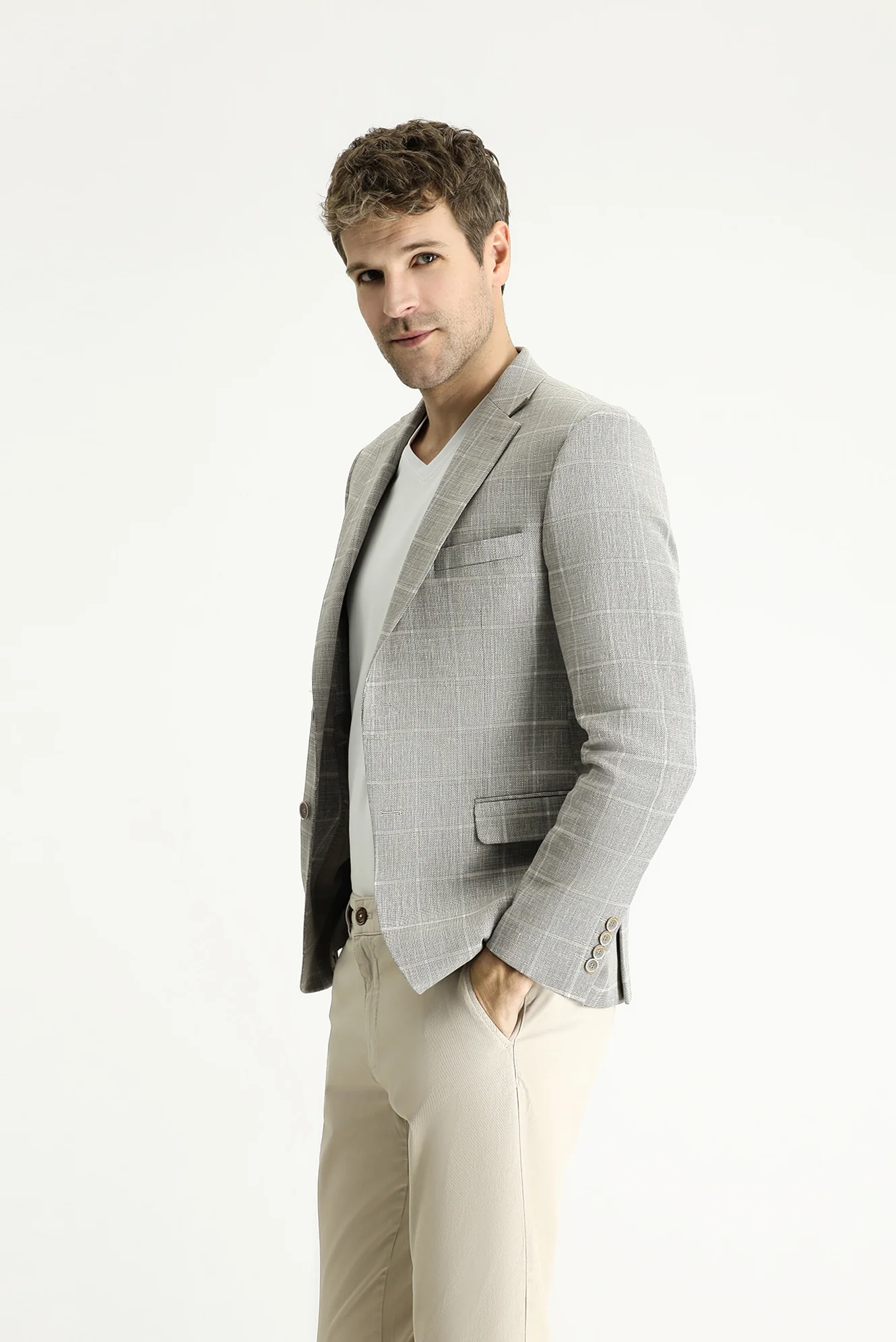 Orta Vizon 7 Drop Slim Fit Dar Kesim Ekose Pamuklu Keten Karışımlı Ceket - Image 3
