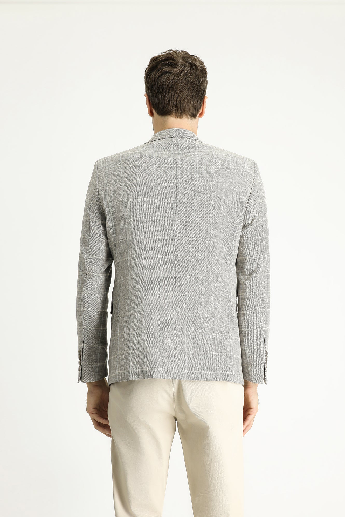 Orta Vizon 7 Drop Slim Fit Dar Kesim Ekose Pamuklu Keten Karışımlı Ceket - Image 4