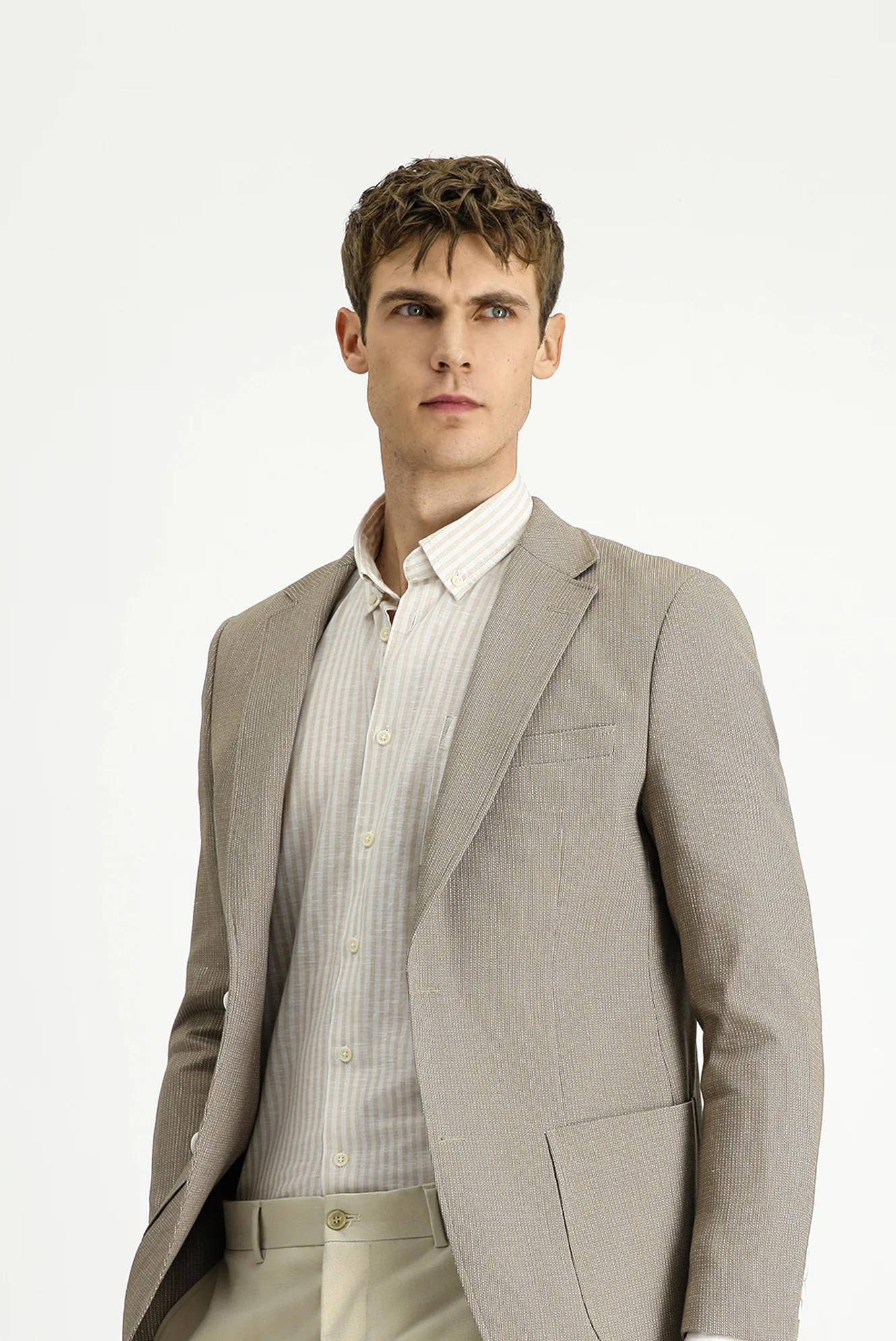 Orta Vizon 7 Drop Slim Fit Dar Kesim Keten Karışımlı Çizgili Spor Ceket - Image 5