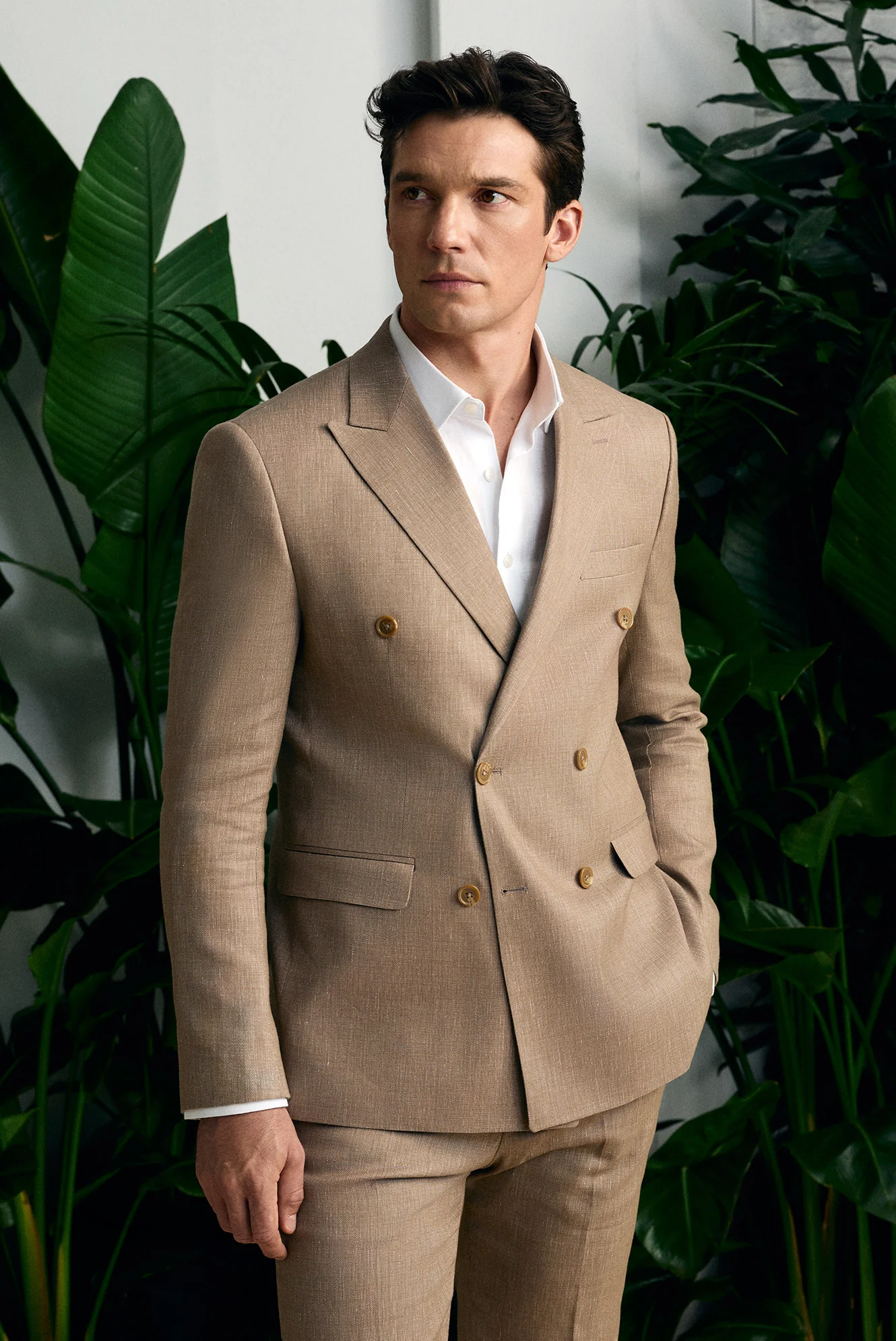 Orta Vizon 7 Drop Slim Fit Dar Kesim Keten Karışımlı Sivri Yaka Kruvaze Takım Elbise