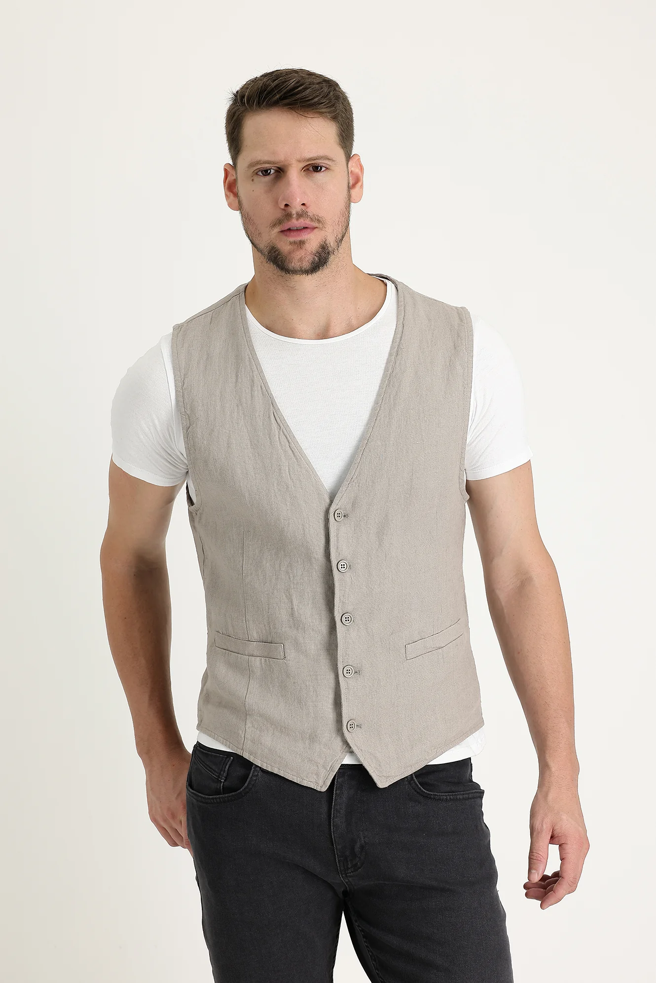 Orta Vizon Slim Fit Dar Kesim Keten Yelek - Image 2