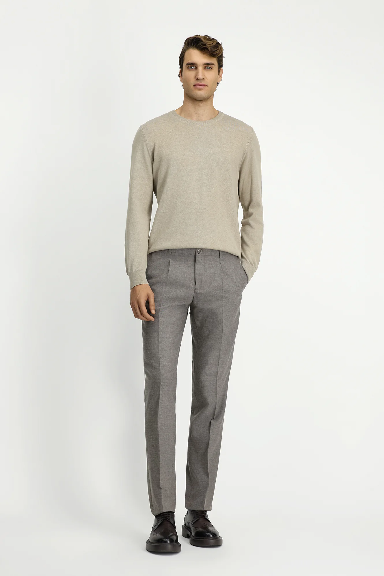 Orta Vizon 7 Drop Slim Fit Dar Kesim Likralı Pileli Klasik Kumaş Pantolon