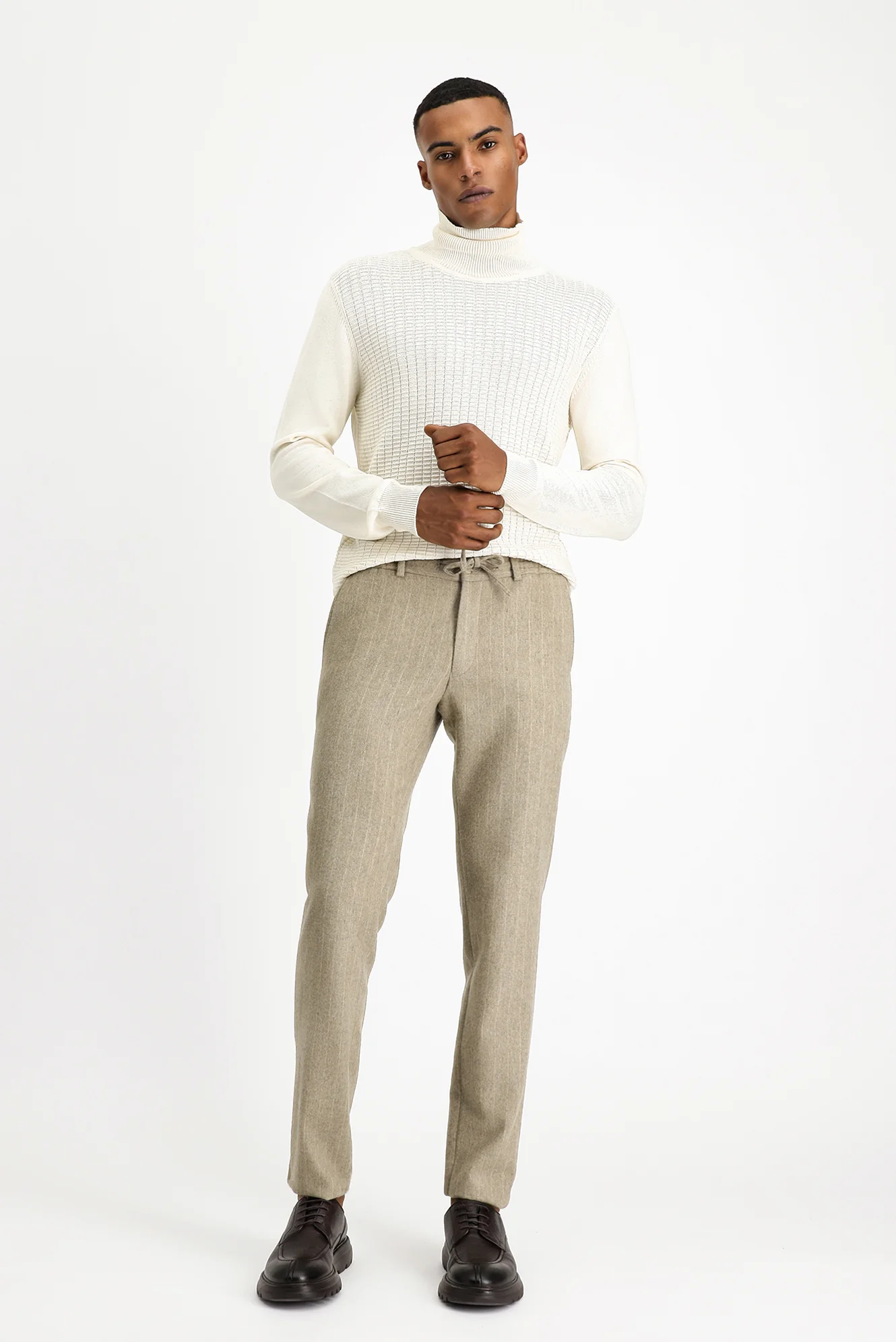 Orta Vizon 7 Drop Slim Fit Dar Kesim Yünlü Beli Lastikli İpli Çizgili Klasik Kumaş Pantolon