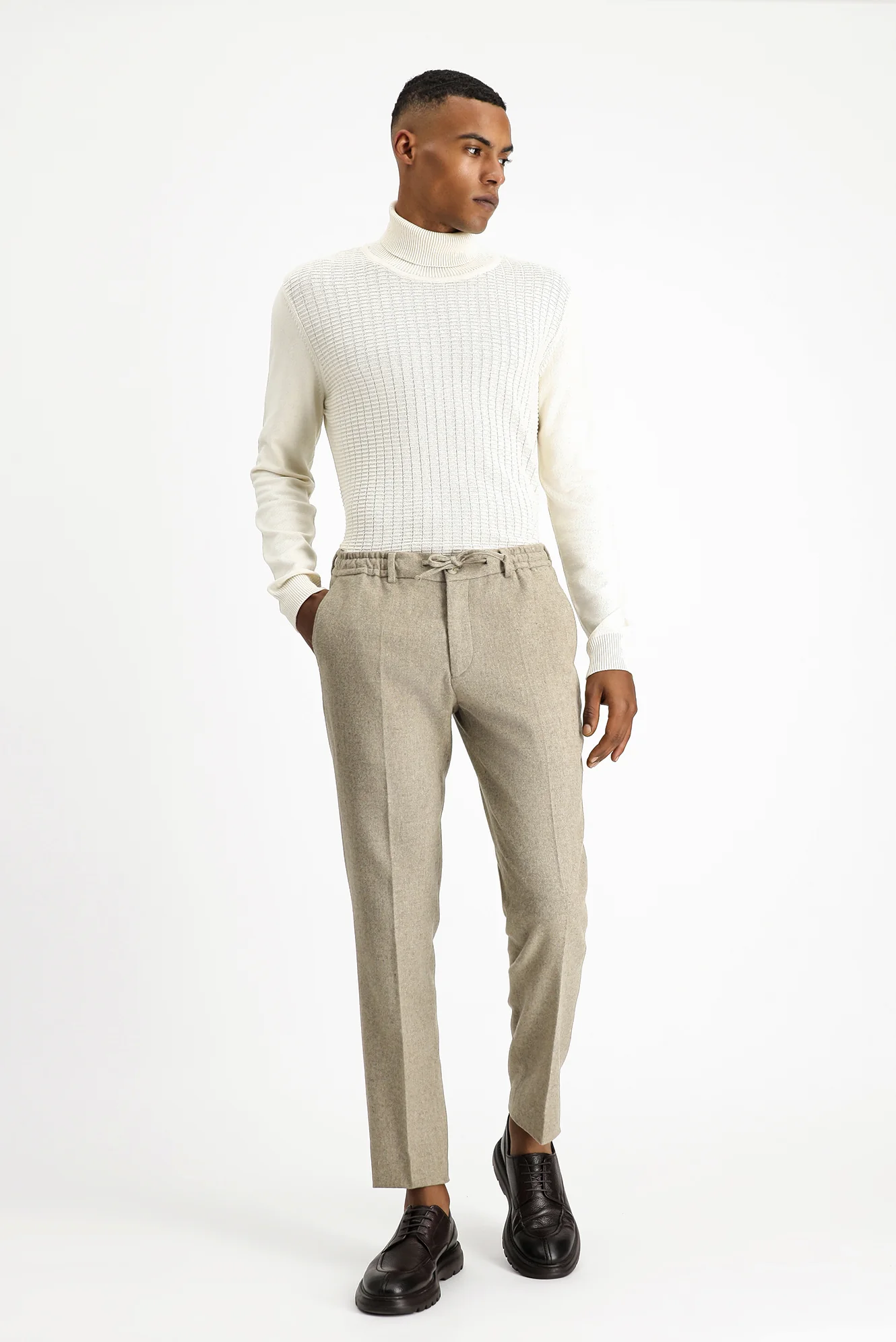 Orta Vizon 7 Drop Slim Fit Dar Kesim Yünlü Beli Lastikli İpli Klasik Pantolon