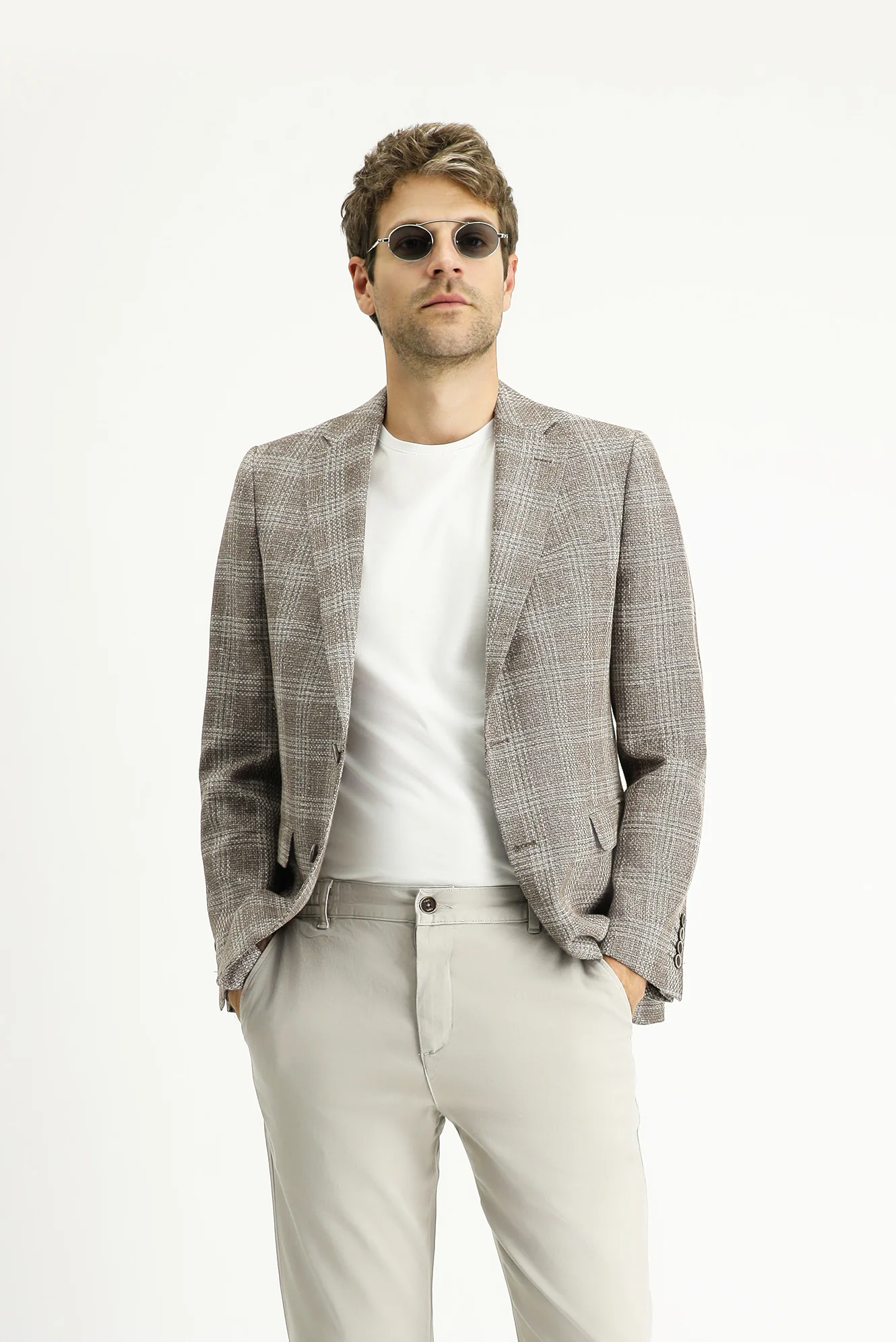 Orta Vizon 7 Drop Slim Fit Dar Kesim Yünlü Keten Karışımlı Ekose Ceket