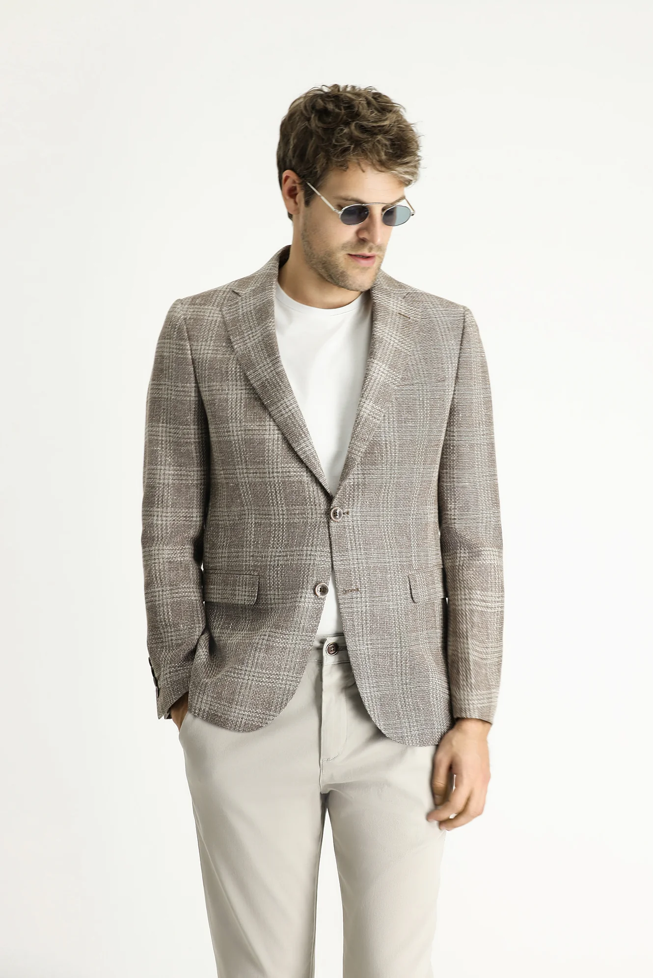 Orta Vizon 7 Drop Slim Fit Dar Kesim Yünlü Keten Karışımlı Ekose Ceket - Image 3