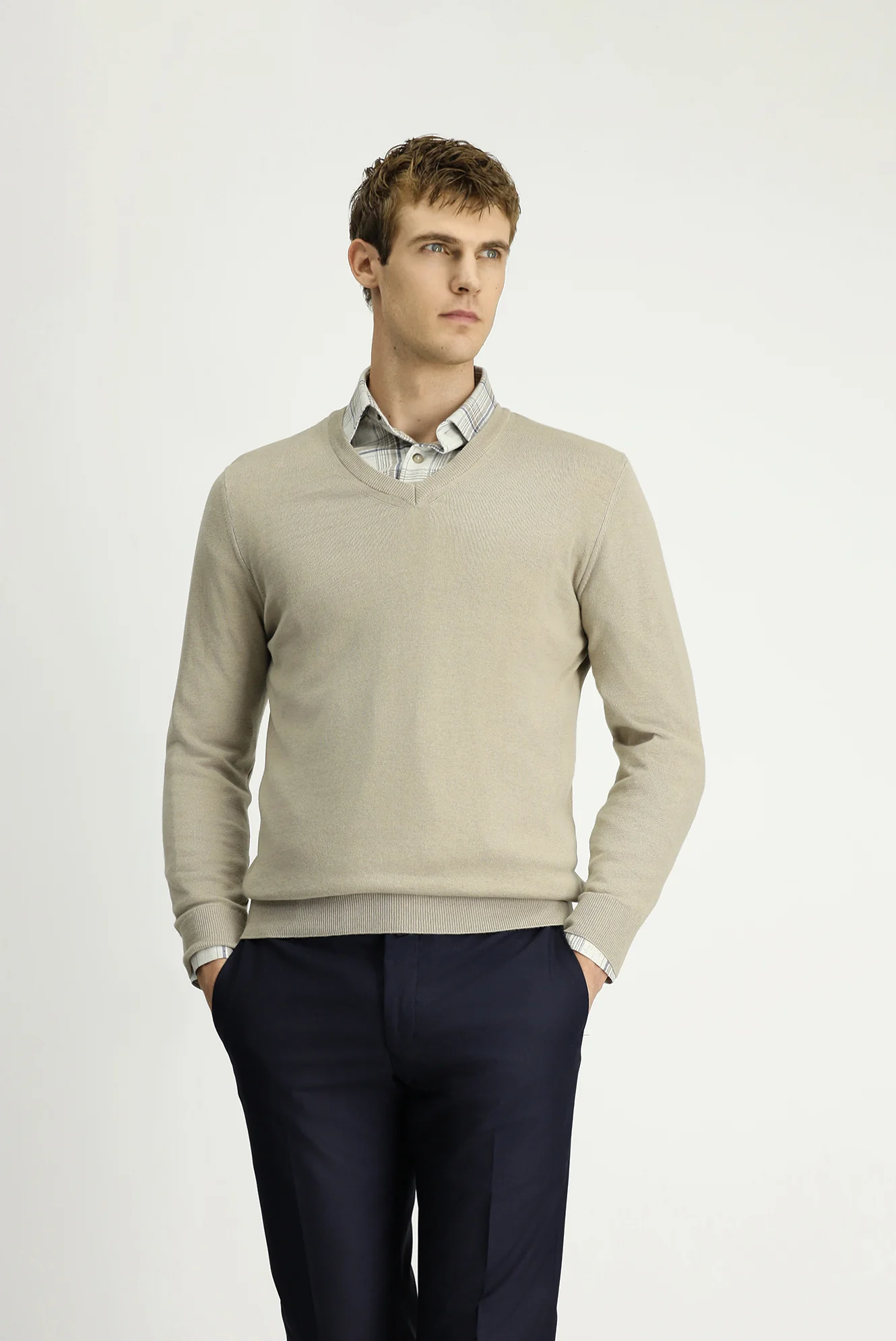 Orta Vizon V Yaka Regular Fit Pamuklu Kaşmirli Triko Kazak - Image 3
