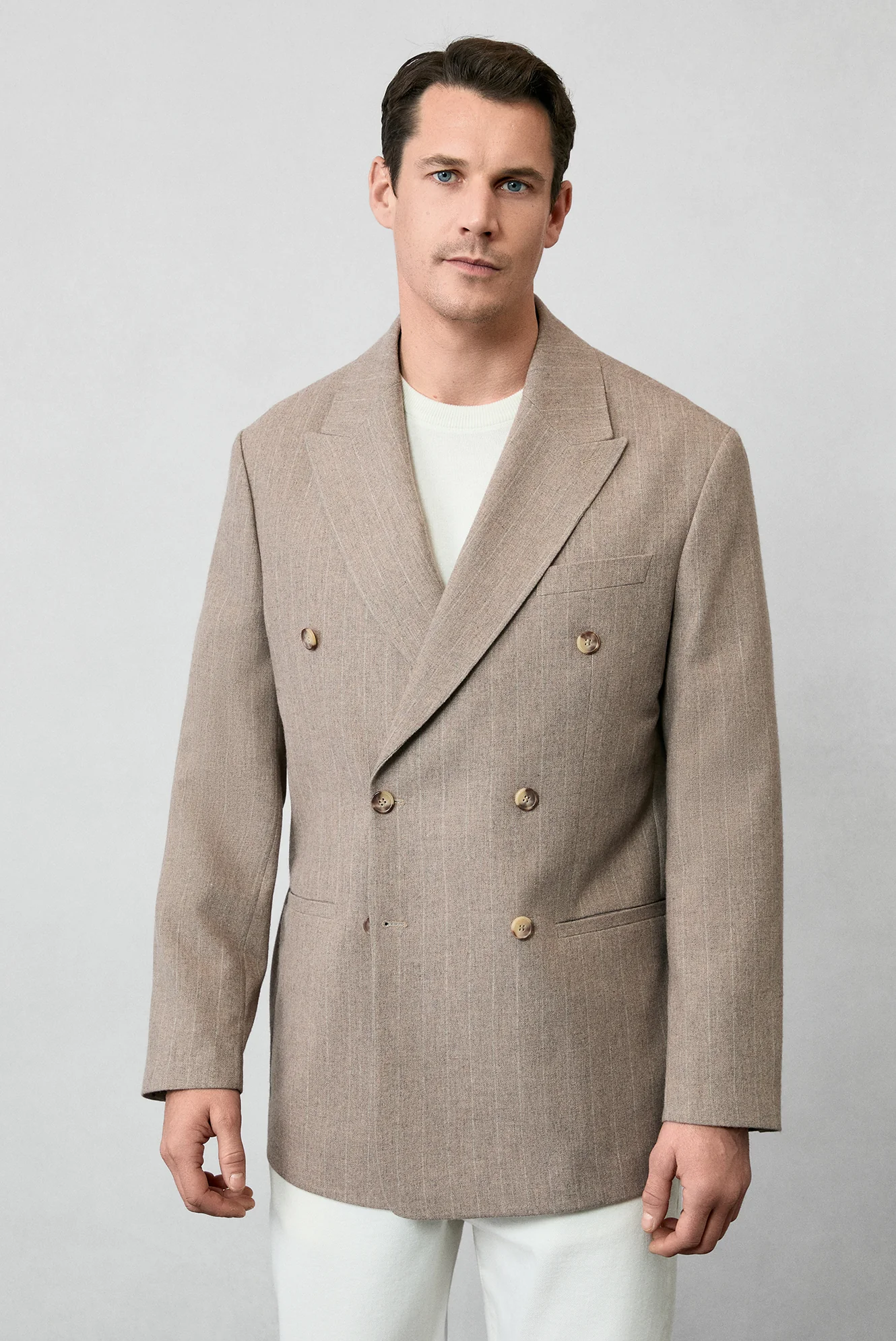 Orta Vizon 6 Drop Verona Soft Oversize Fit Hafif Oversize Kesim Sivri Yaka Çizgili Yünlü Kruvaze Ceket - Image 3