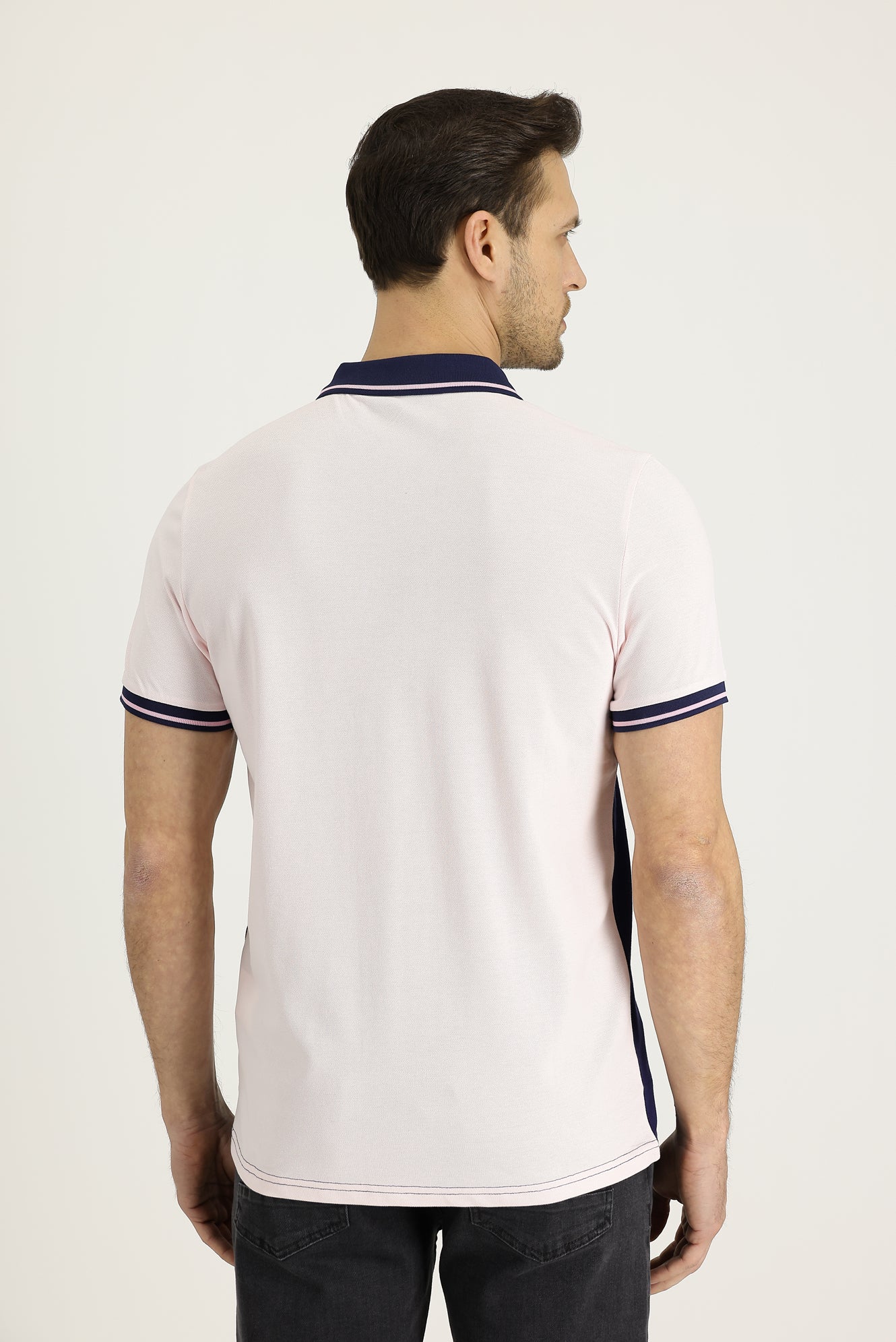 Pembe Polo Yaka Slim Fit Dar Kesim Desenli Pamuk Tişört - Image 4