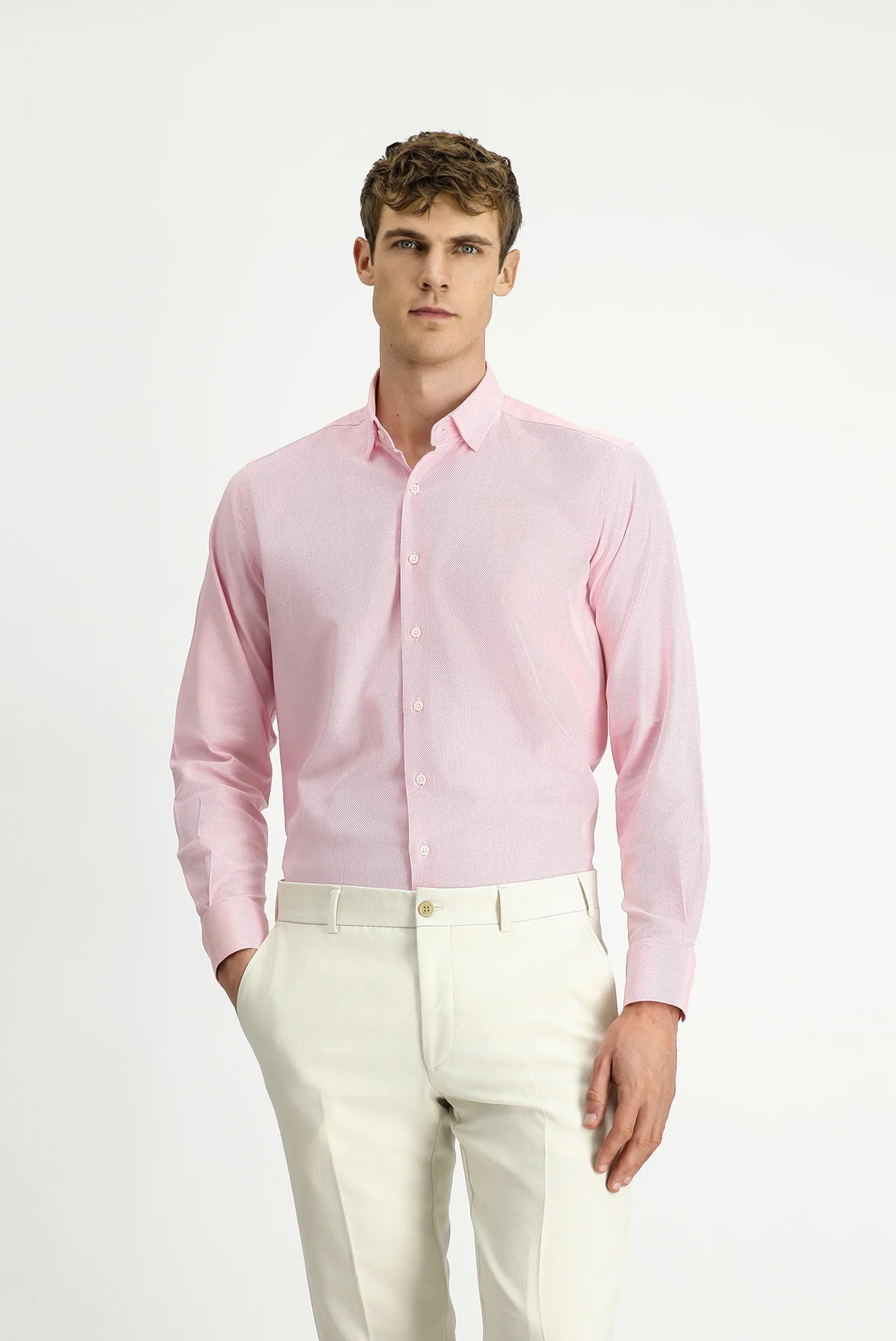 Pembe Uzun Kol Regular Fit Desenli Pamuk Düğmeli Yaka Oxford Gömlek - Image 4