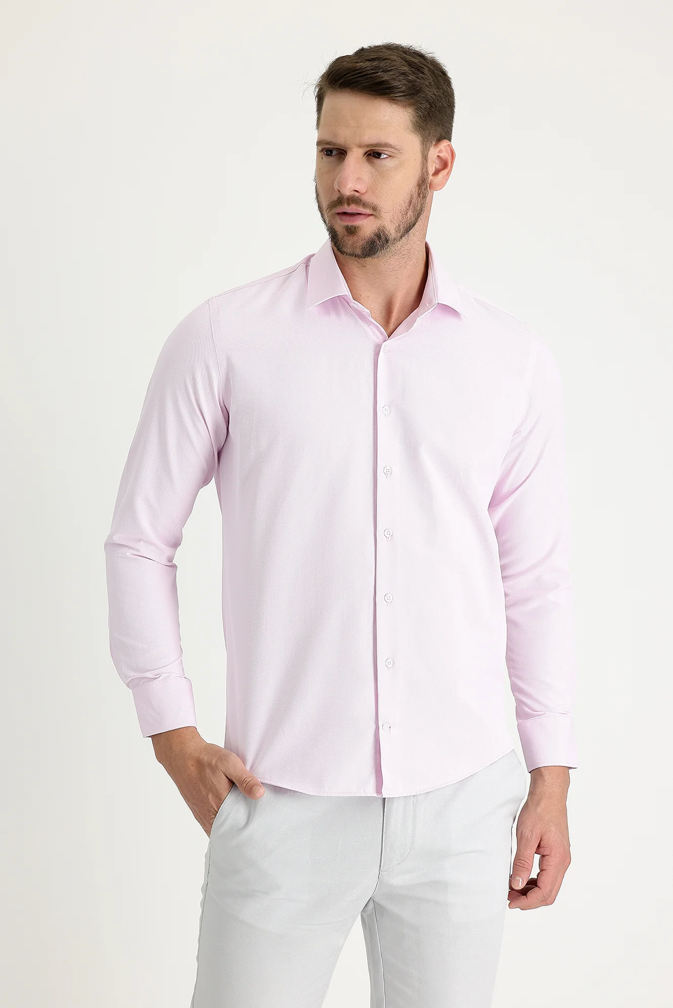 Pembe Uzun Kol Slim Fit Dar Kesim Klasik Desenli Pamuklu Kolay Ütülenebilir Gömlek
