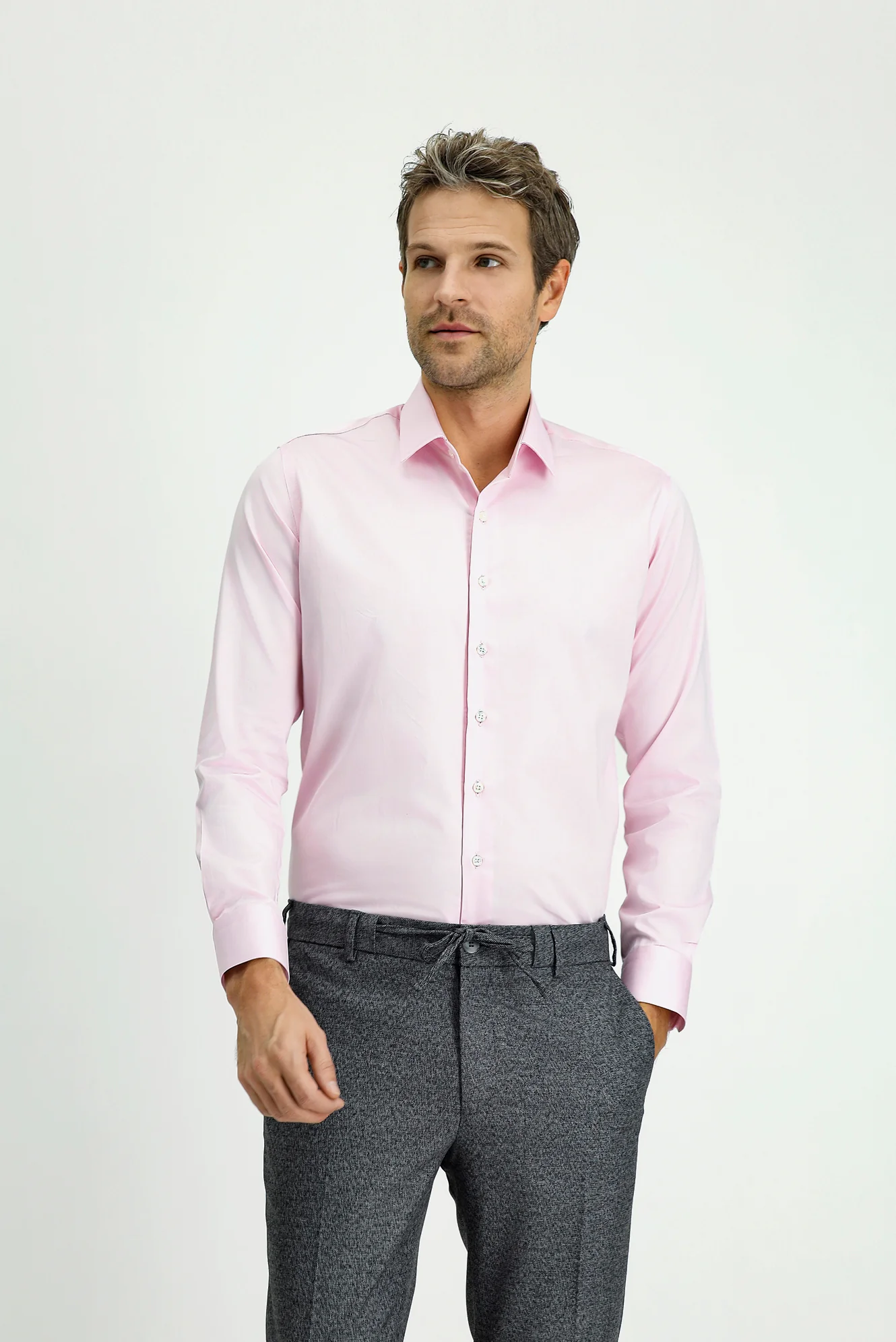 Pembe Uzun Kol Slim Fit Dar Kesim Klasik Nano Care Su İtici Leke Tutmaz 4 Mevsim Pamuk Gömlek - Image 3