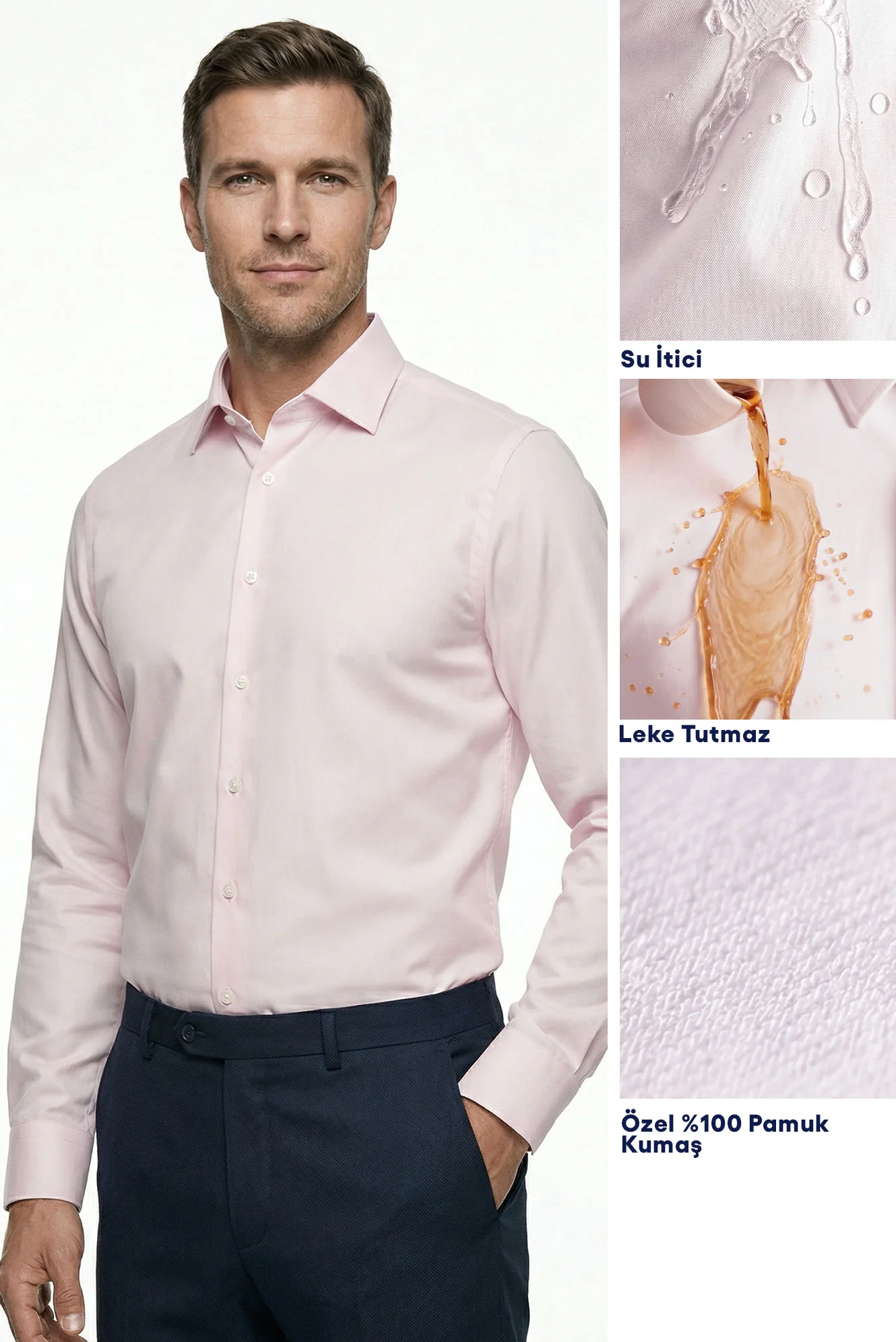 Pembe Uzun Kol Slim Fit Dar Kesim Klasik Nano Care Su İtici Leke Tutmaz 4 Mevsim Pamuk Gömlek