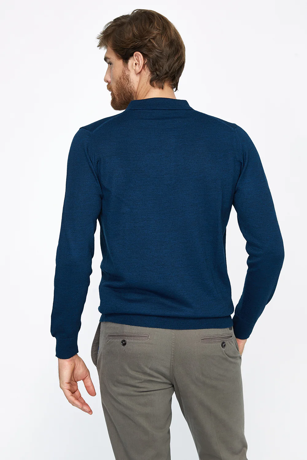 Petrol Polo Yaka Regular Fit Yünlü Triko Kazak - Image 3