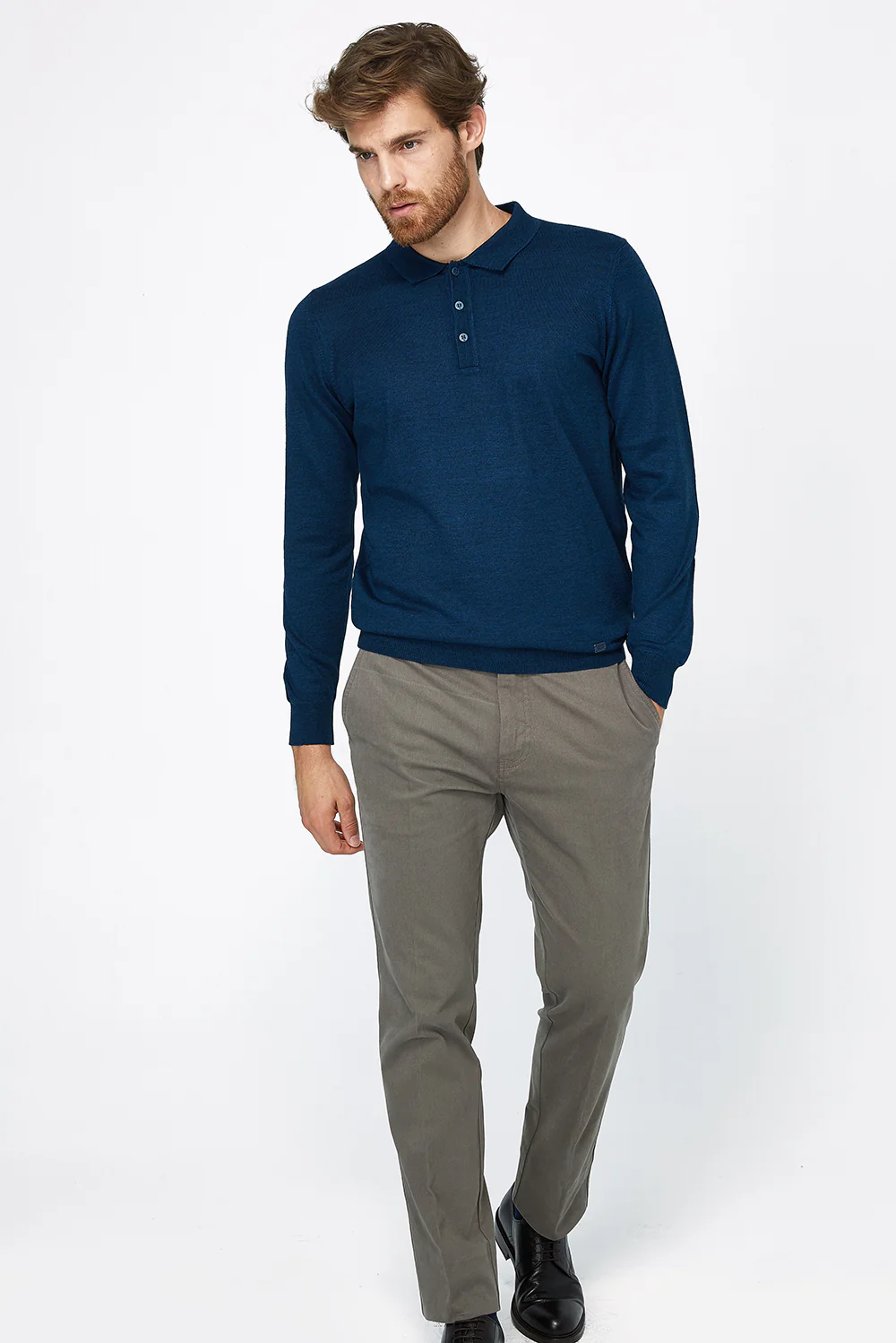 Petrol Polo Yaka Regular Fit Yünlü Triko Kazak - Image 4