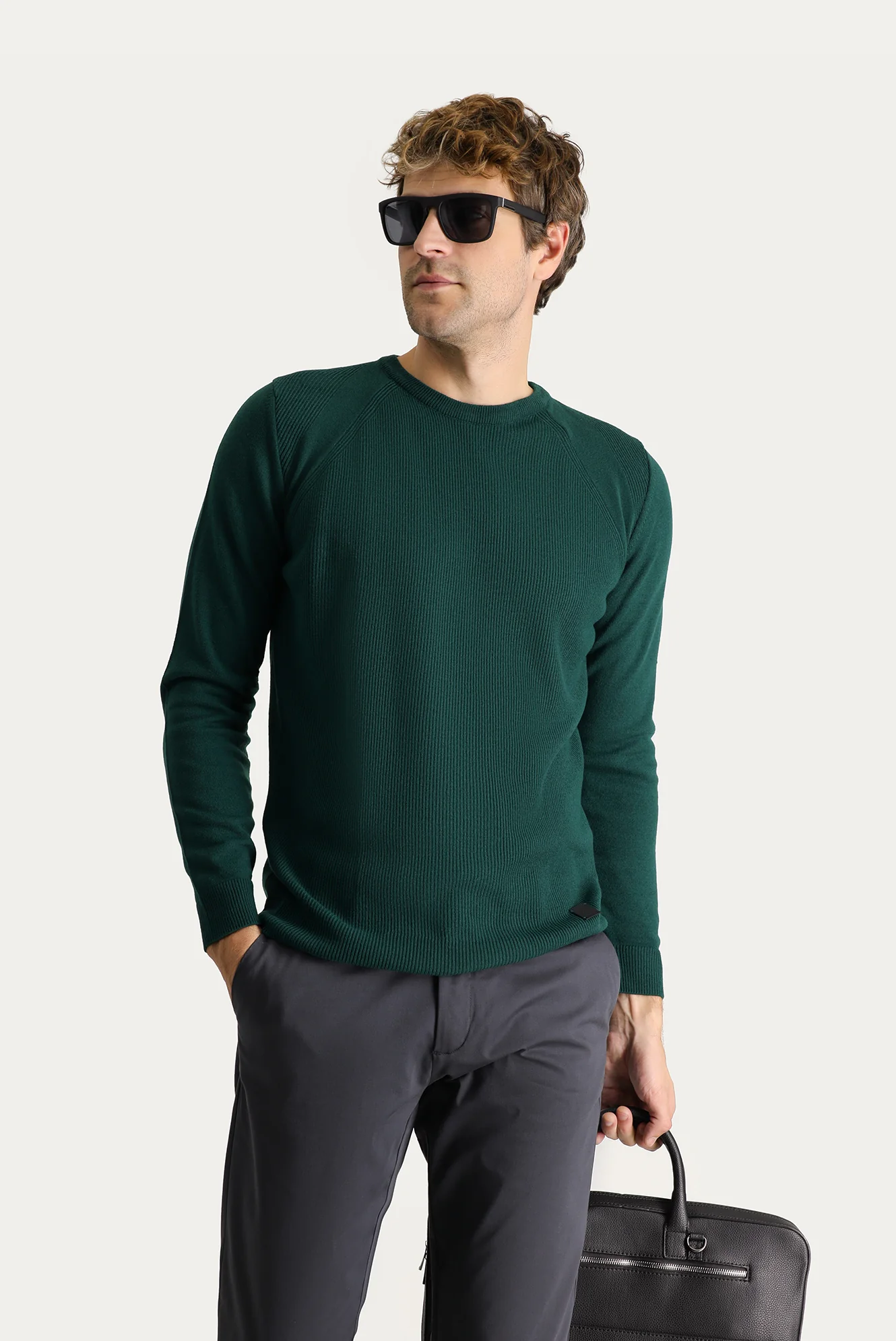 Petrol Yeşili Bisiklet Yaka Slim Fit Dar Kesim Desenli Triko Kazak - Image 2