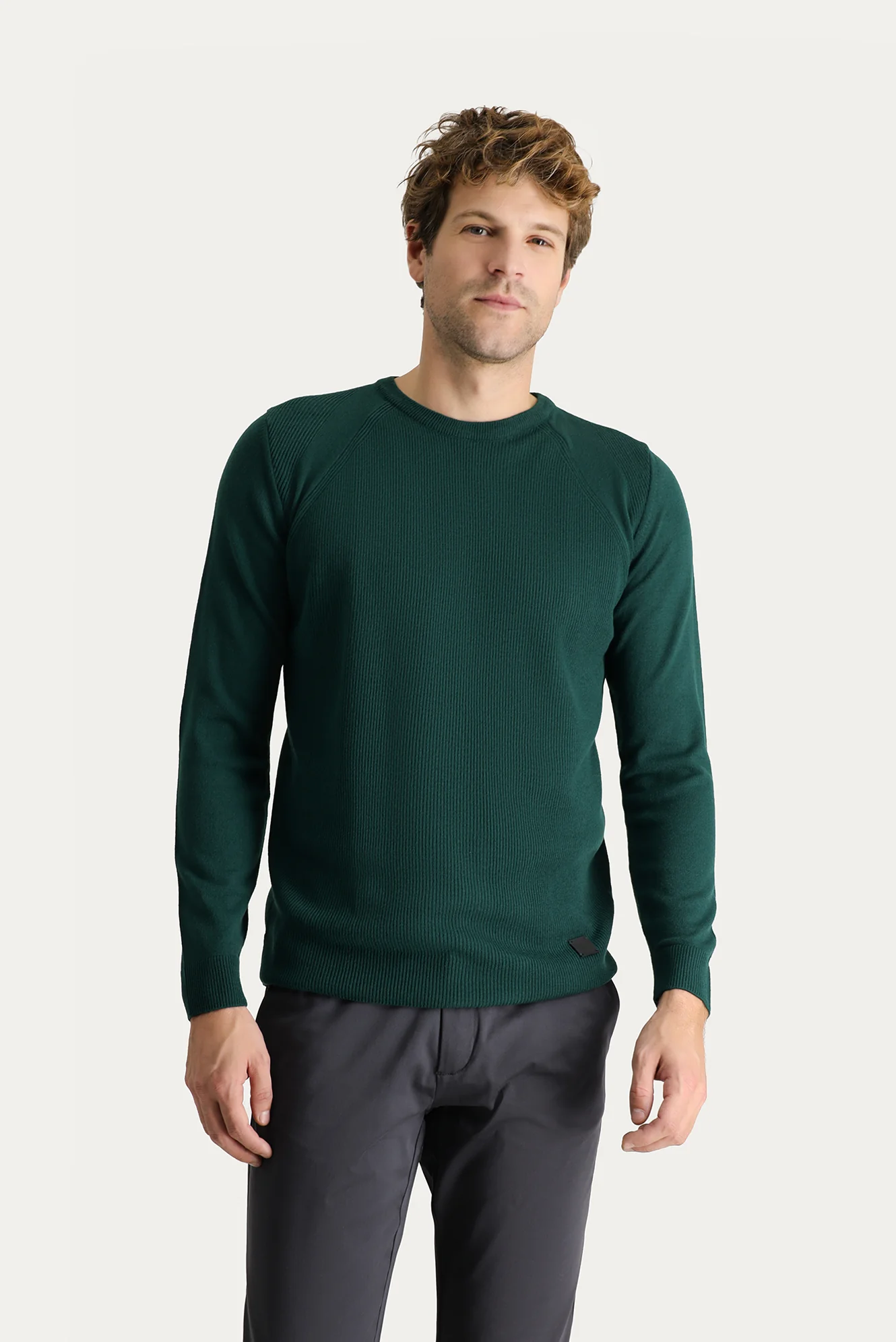 Petrol Yeşili Bisiklet Yaka Slim Fit Dar Kesim Desenli Triko Kazak - Image 3
