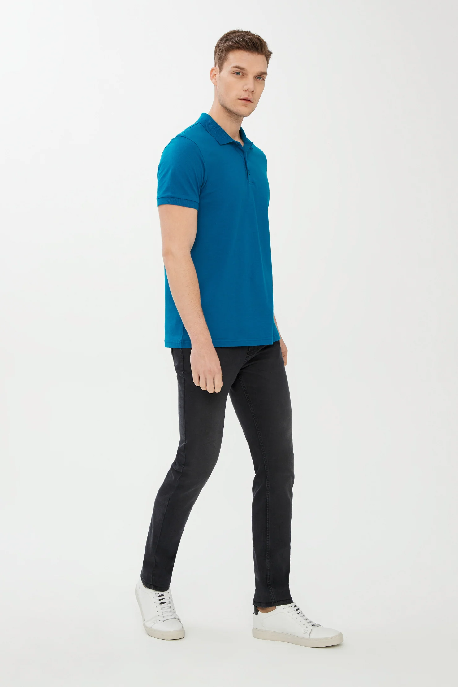 Petrol Yeşili Polo Yaka Slim Fit Dar Kesim Pamuk Tişört - Image 2