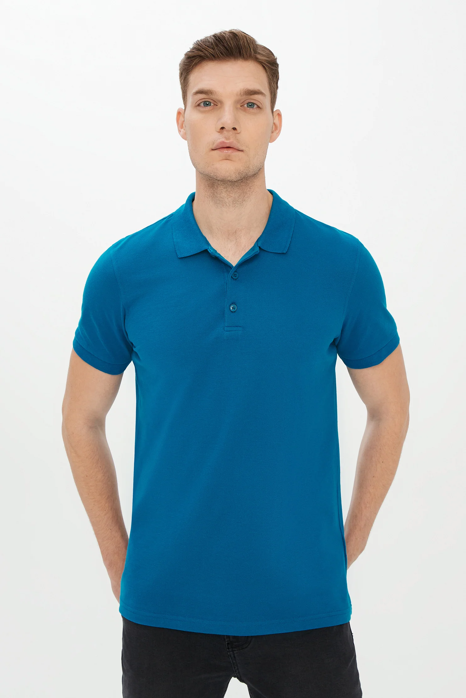 Petrol Yeşili Polo Yaka Slim Fit Dar Kesim Pamuk Tişört - Image 3