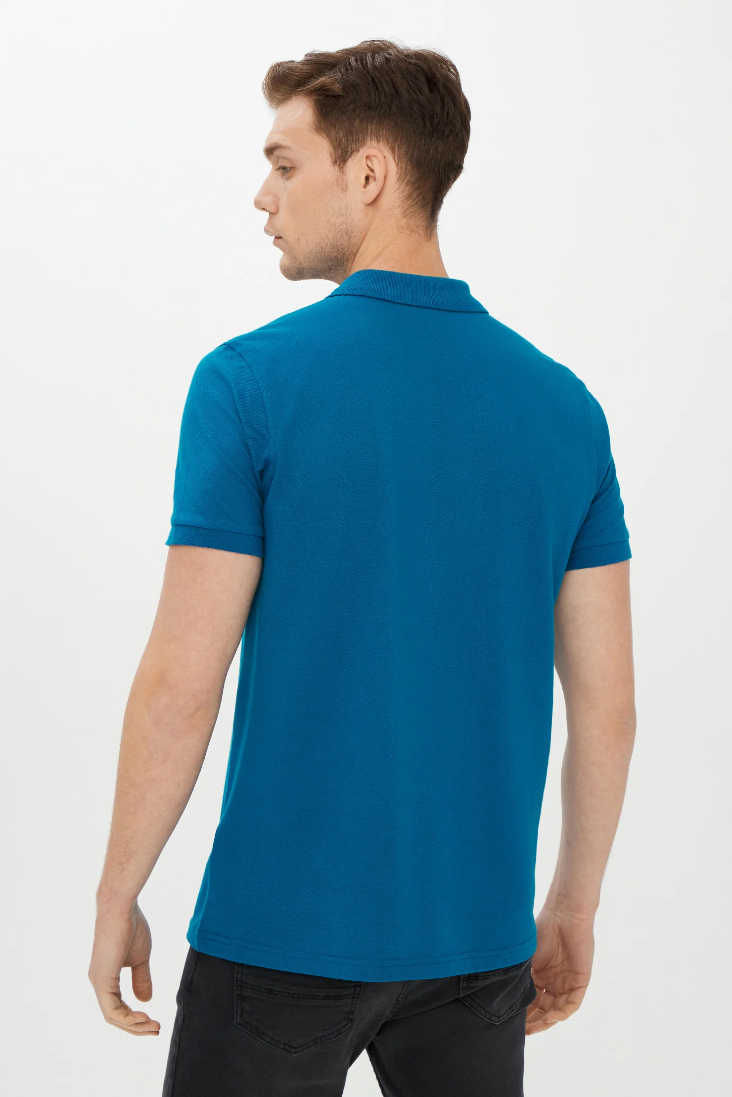 Petrol Yeşili Polo Yaka Slim Fit Dar Kesim Pamuk Tişört - Image 4