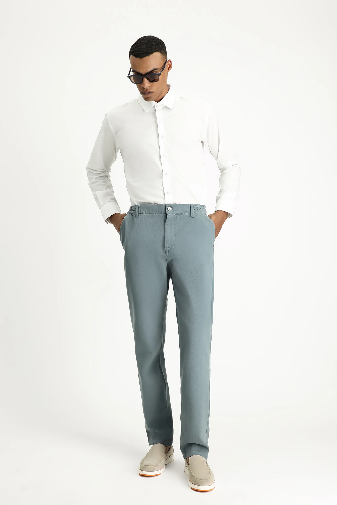 Petrol Yeşili Regular Fit Standart Kesim Beli Lastikli Likralı Kanvas / Chino Pantolon - Image 2
