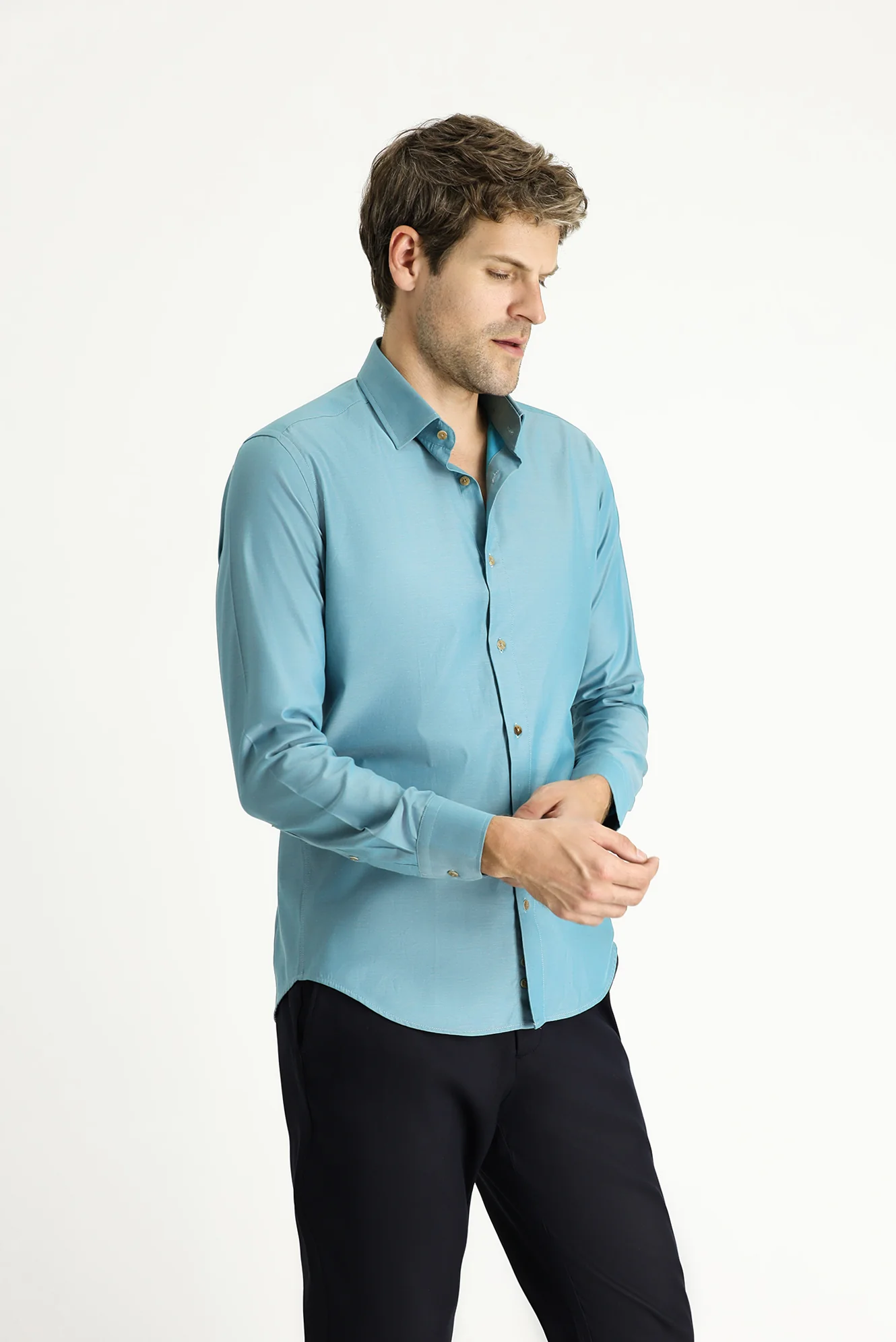Petrol Yeşili Uzun Kol Slim Fit Dar Kesim Spor Pamuk Gömlek