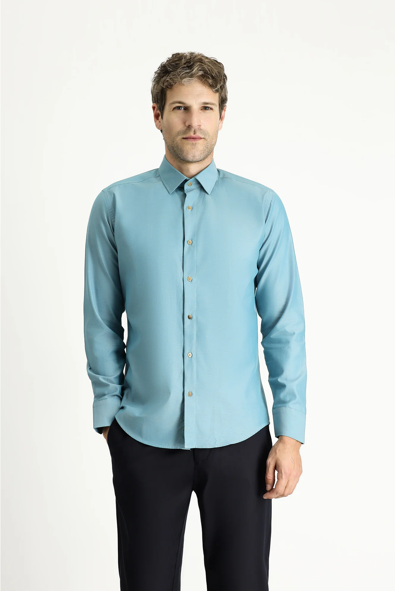 Petrol Yeşili Uzun Kol Slim Fit Dar Kesim Spor Pamuk Gömlek - Image 4
