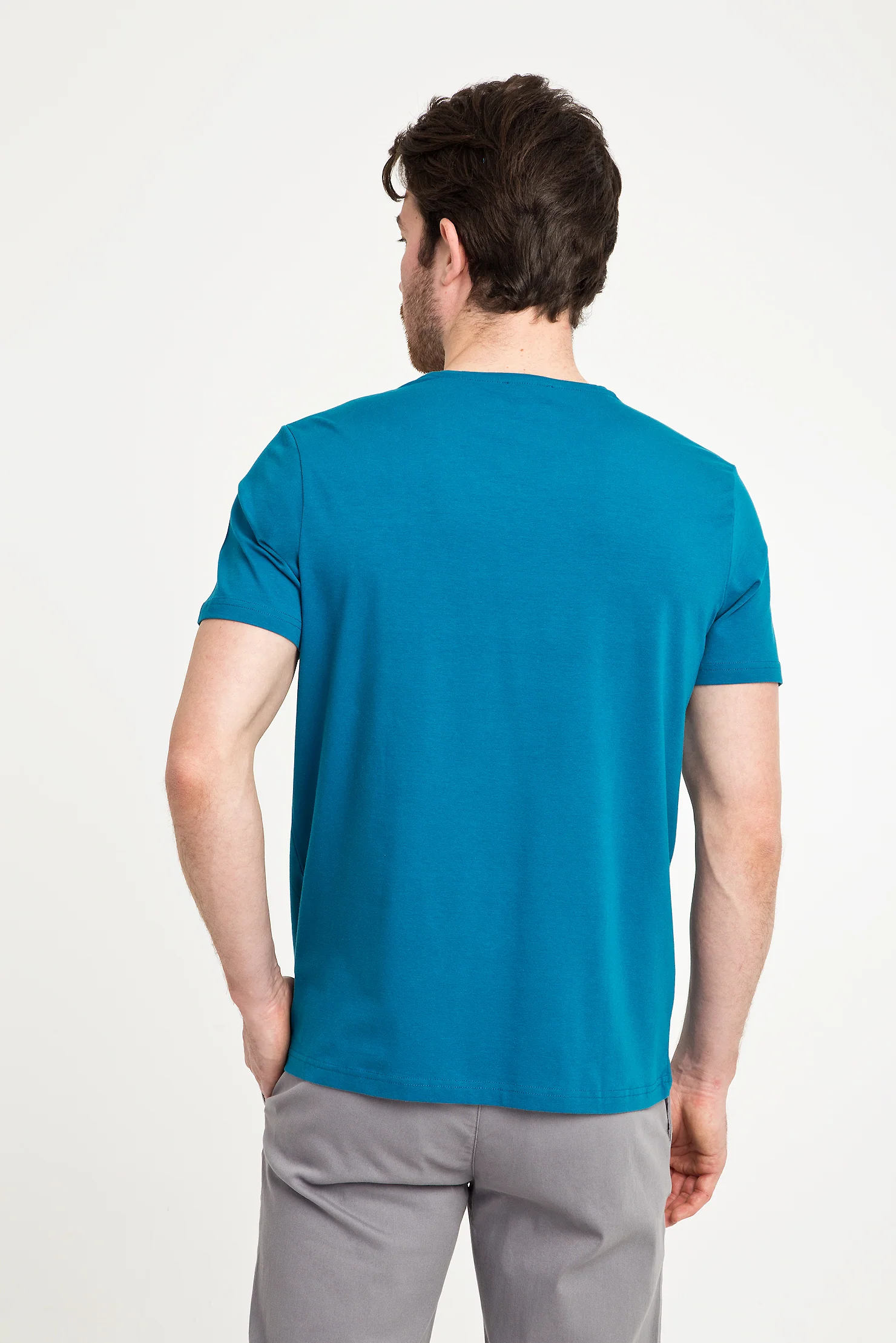 Petrol Yeşili V Yaka Slim Fit Dar Kesim Tişört - Image 3