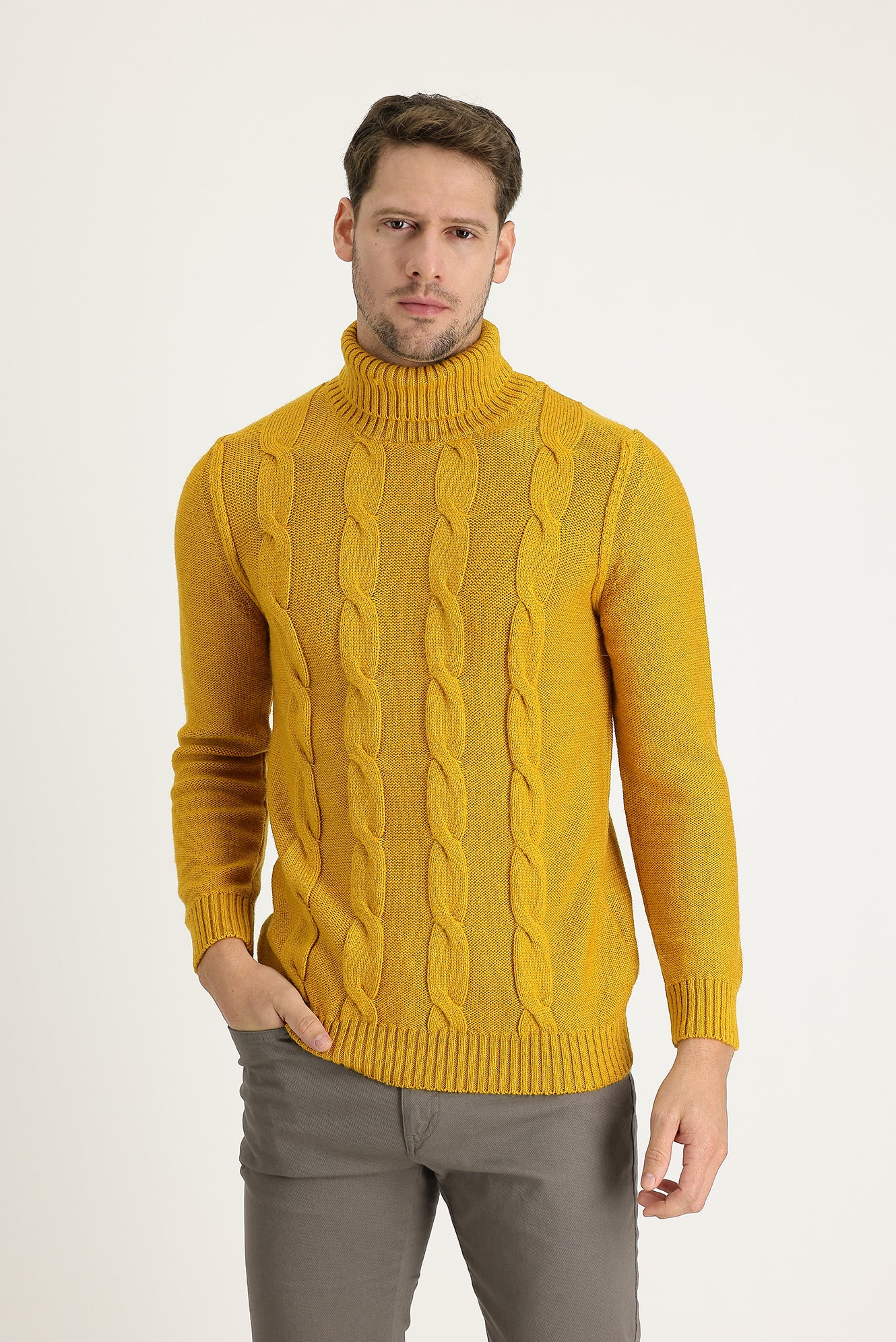 Safran Balıkçı Yaka Slim Fit Dar Kesim Yünlü Desenli Triko Kazak - Image 2