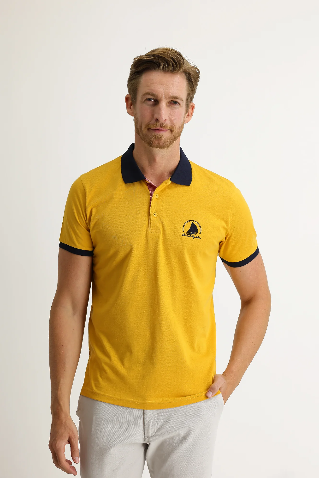 Safran Polo Yaka Slim Fit Dar Kesim Desenli Tişört - Image 2